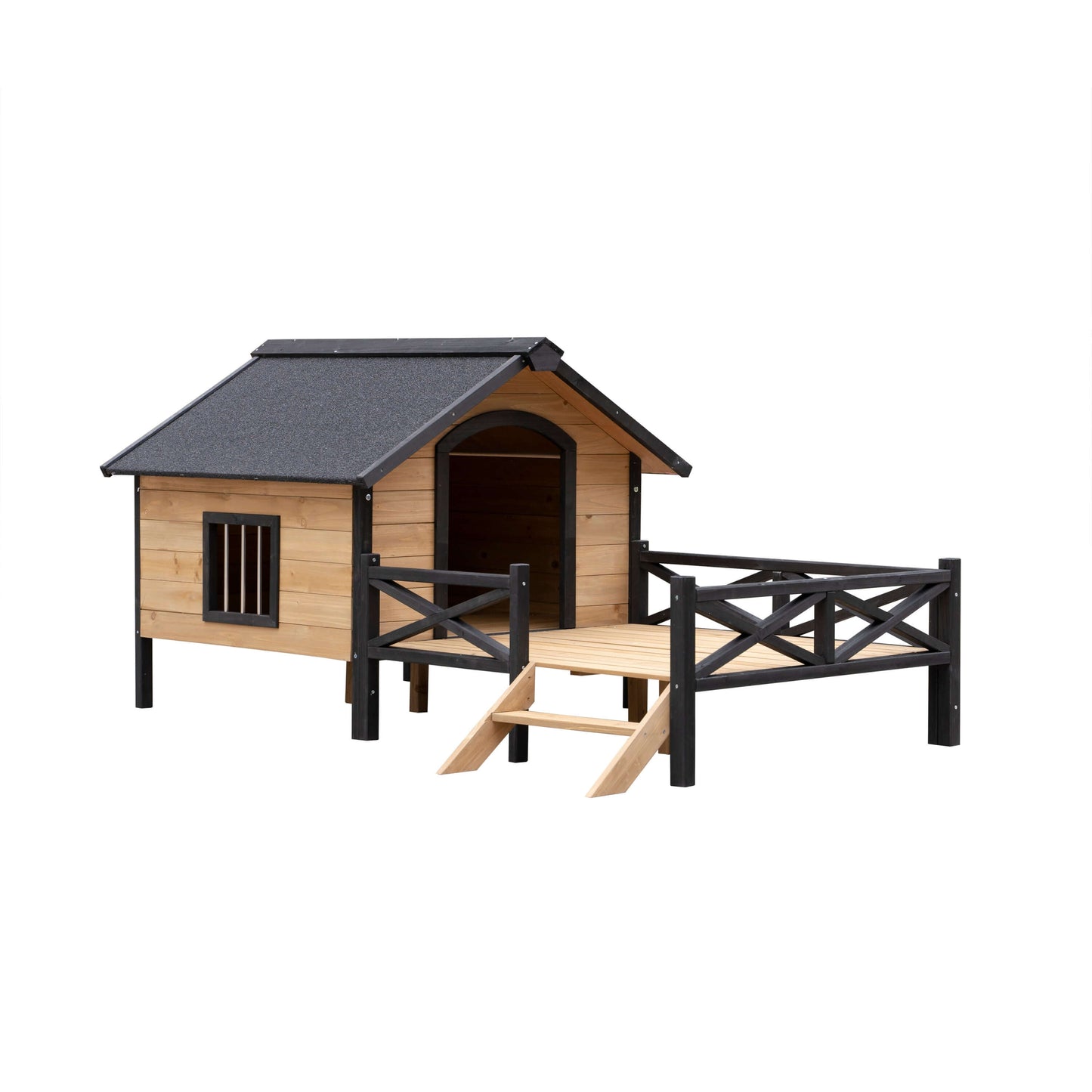 66" Large Wooden Dog House, Raised Cabin with Porch GIGA