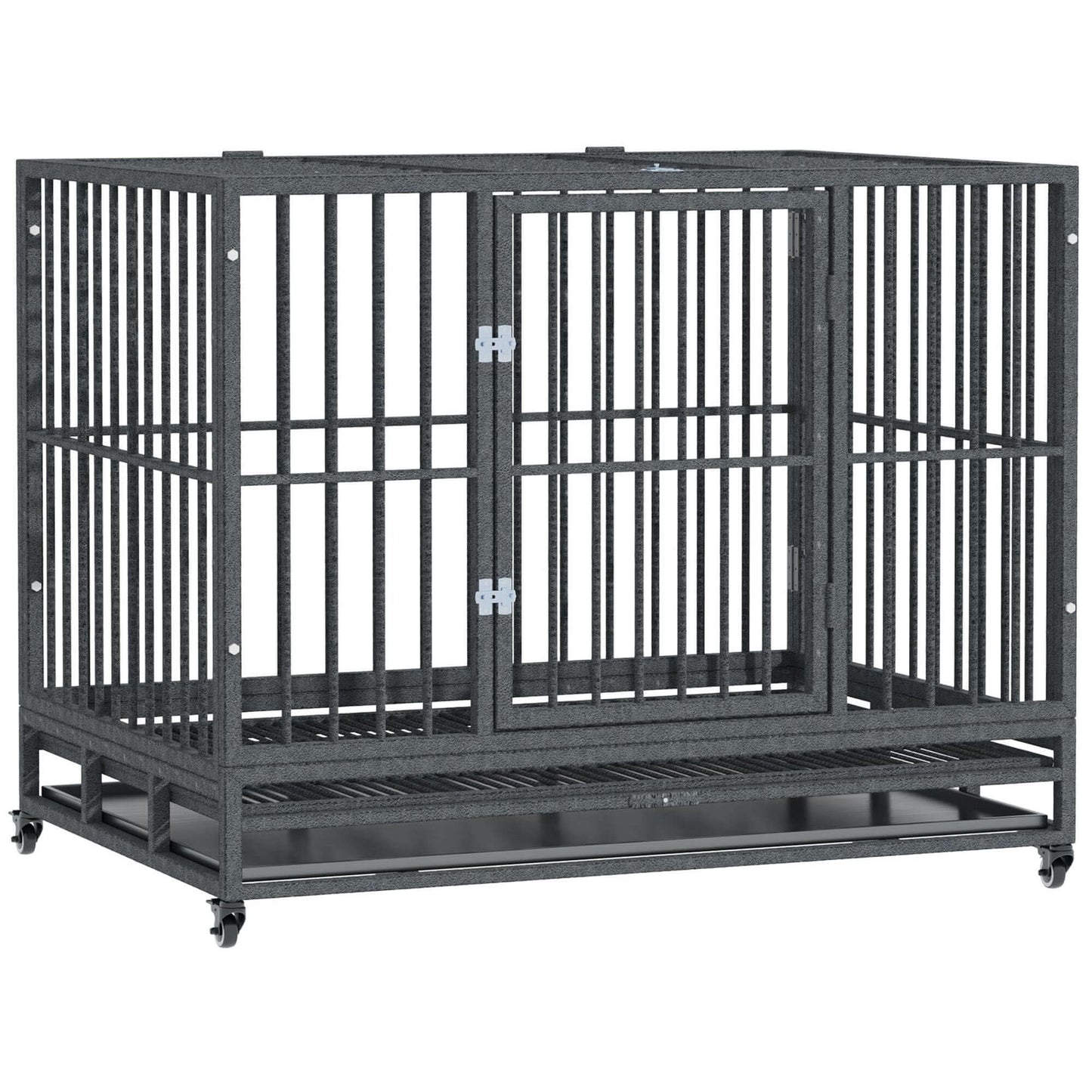 43" Heavy Duty Dog Crate with Lockable Wheels, Slide-out Tray and Anti-Pinching Floor