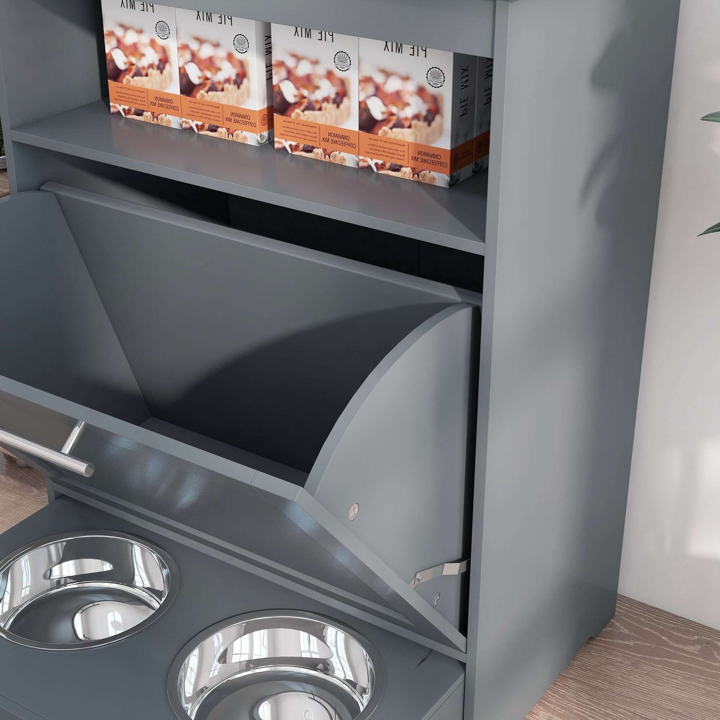 PawHut Pet Feeder Station, Storage Cabinet Dog Food Storage Container with Raised Dog Bowls and Hanger for Feeding & Watering Supplies, Gray - supdog