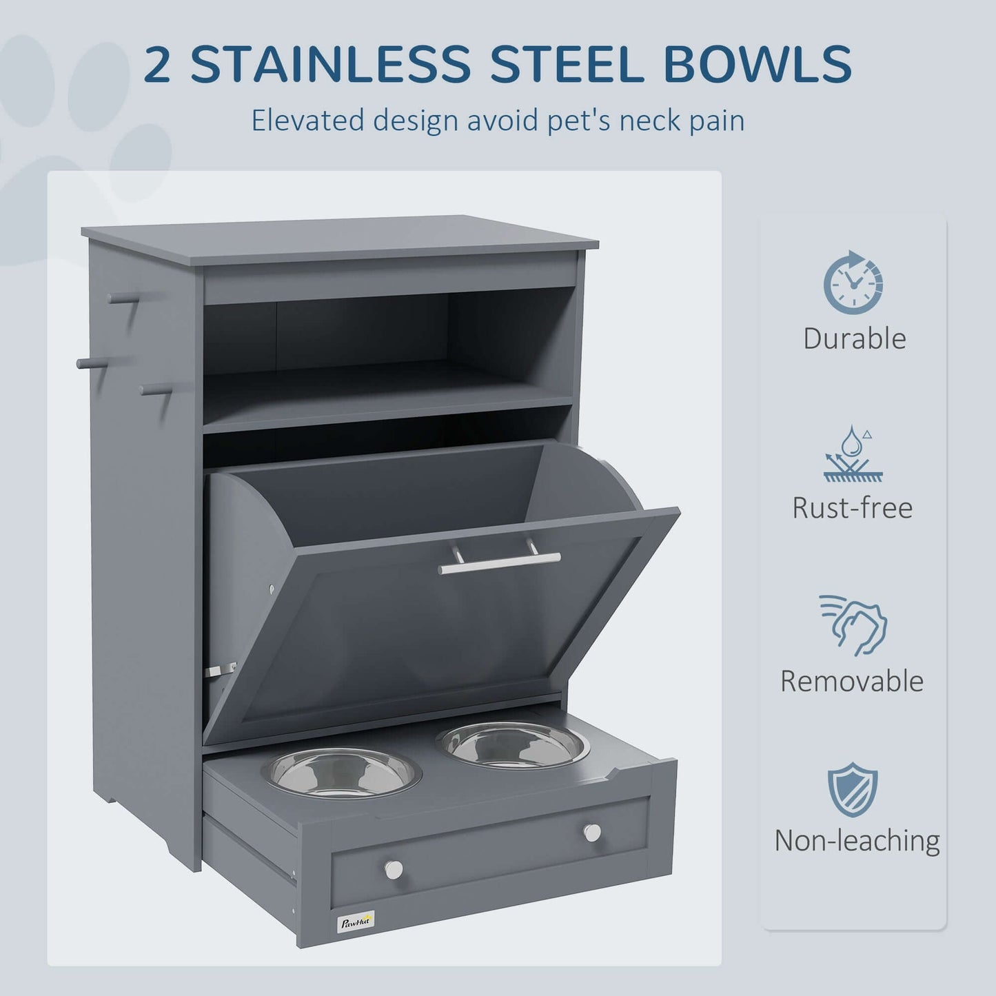 PawHut Pet Feeder Station, Storage Cabinet Dog Food Storage Container with Raised Dog Bowls and Hanger for Feeding & Watering Supplies, Gray - supdog