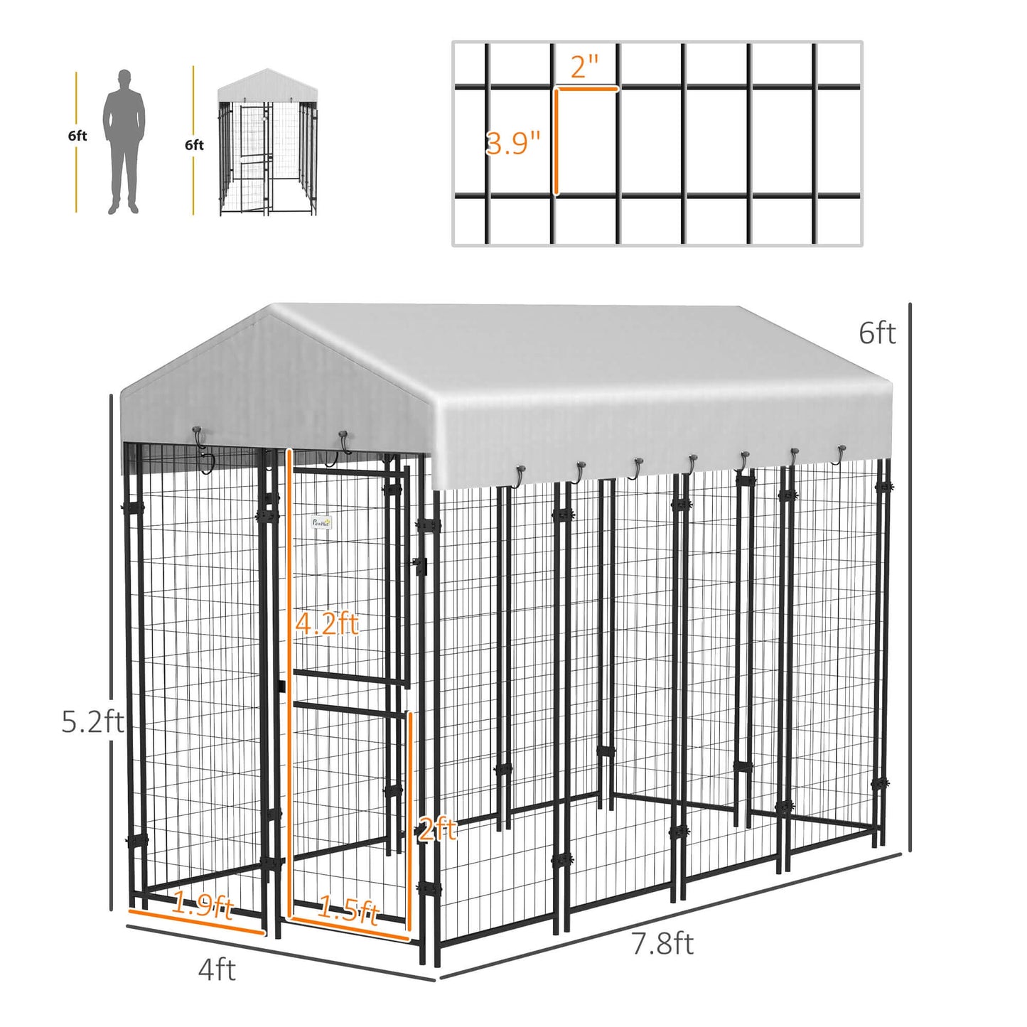 7.8' x 6' dog kennel with waterproof cover, featuring two-part door design and dimensions for outdoor use.