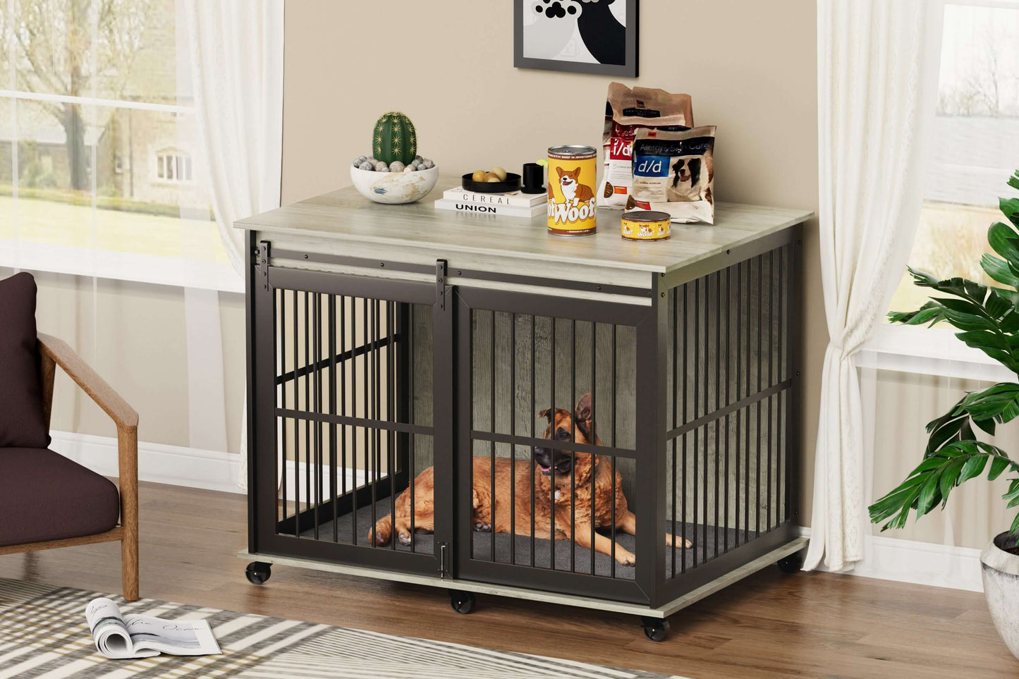 44" Dog Crate Sliding Iron Door with Mat, Flip-Top, Grey GIGA