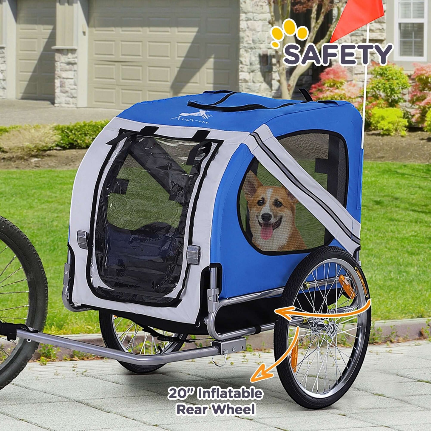 Aosom Foldable Bicycle Trailer for Medium Dogs, Light Blue/White