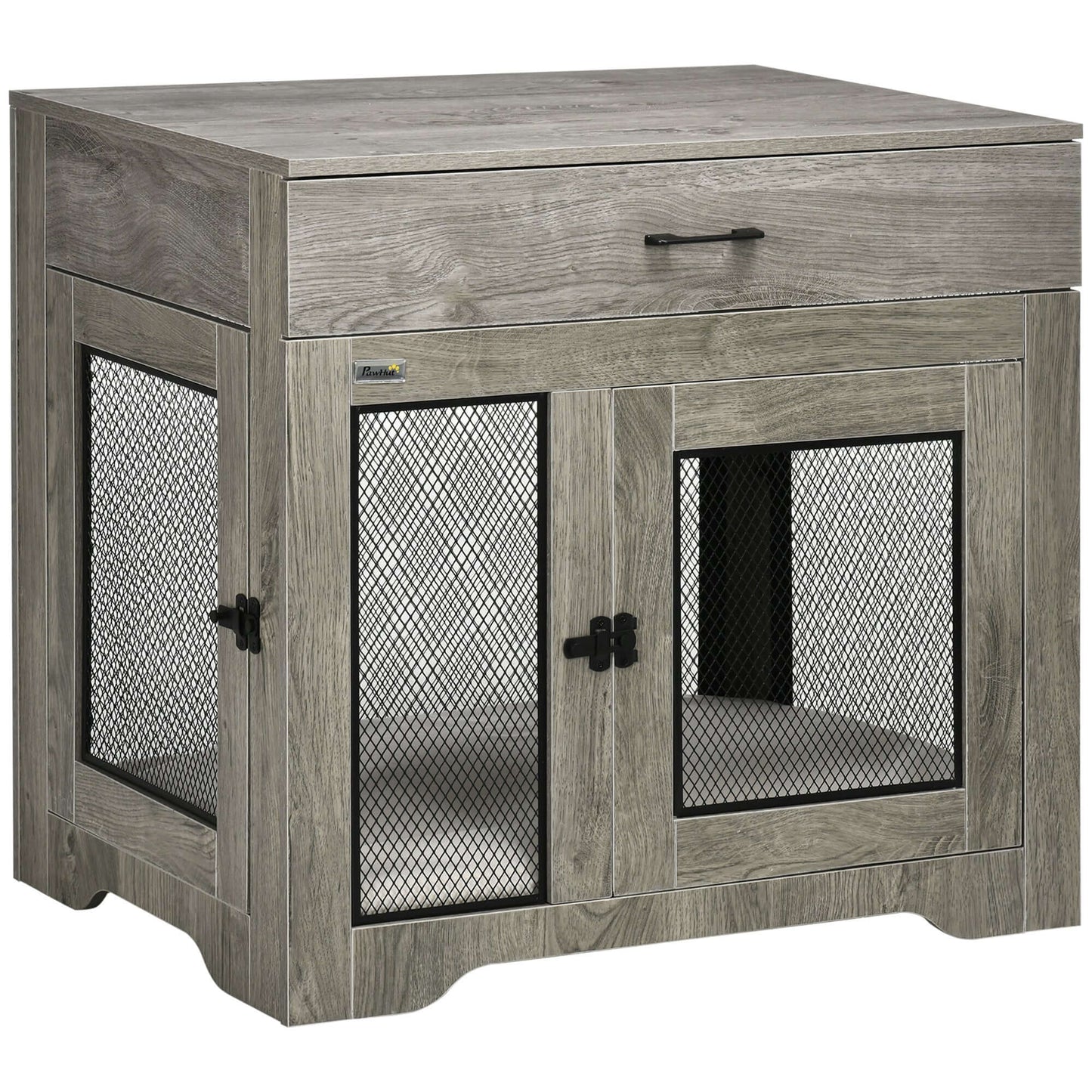 31" Dog Crate with Soft Water-Resistant Cushion, 1 Drawer, 2 Doors, Grey
