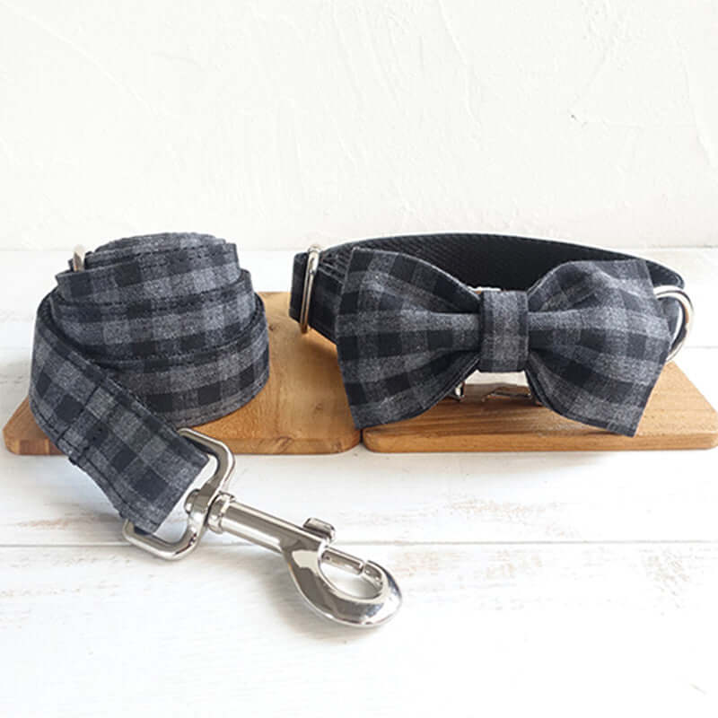Black Grey Checker Dog Collar, Leash Set cjdropshipping