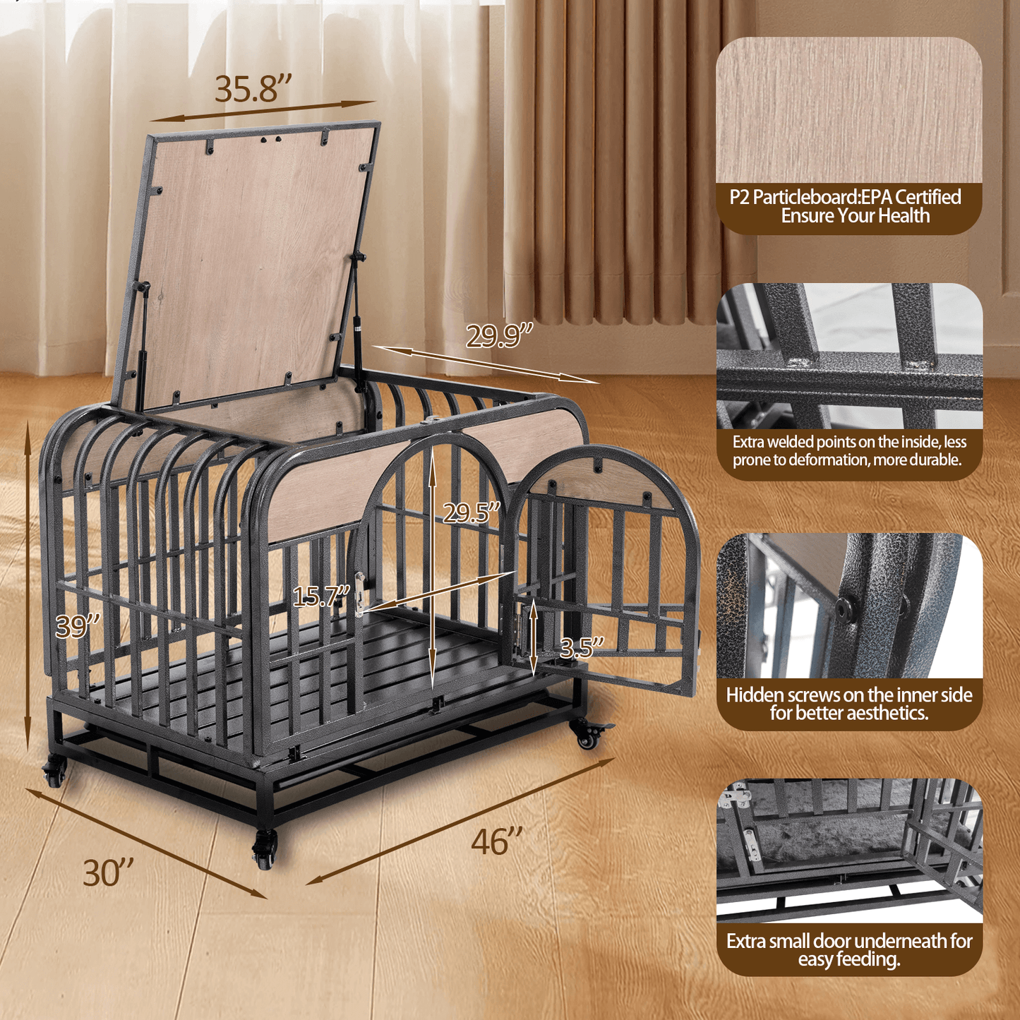 46" Heavy Duty Dog Crate, Removable Trays and Wheels for High Anxiety Dogs, Grey GIGA