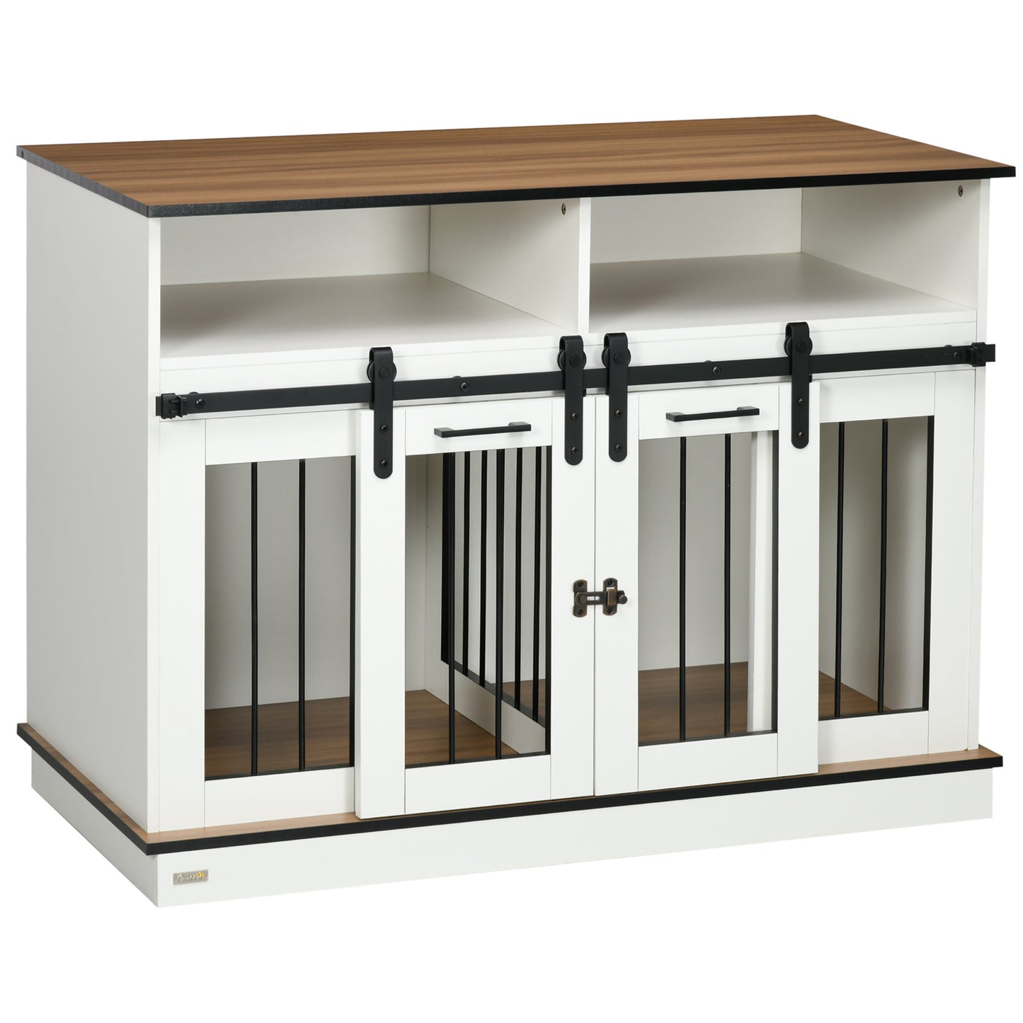 47" Dog Crate Furniture, Double with Shelves, Sliding Doors, White