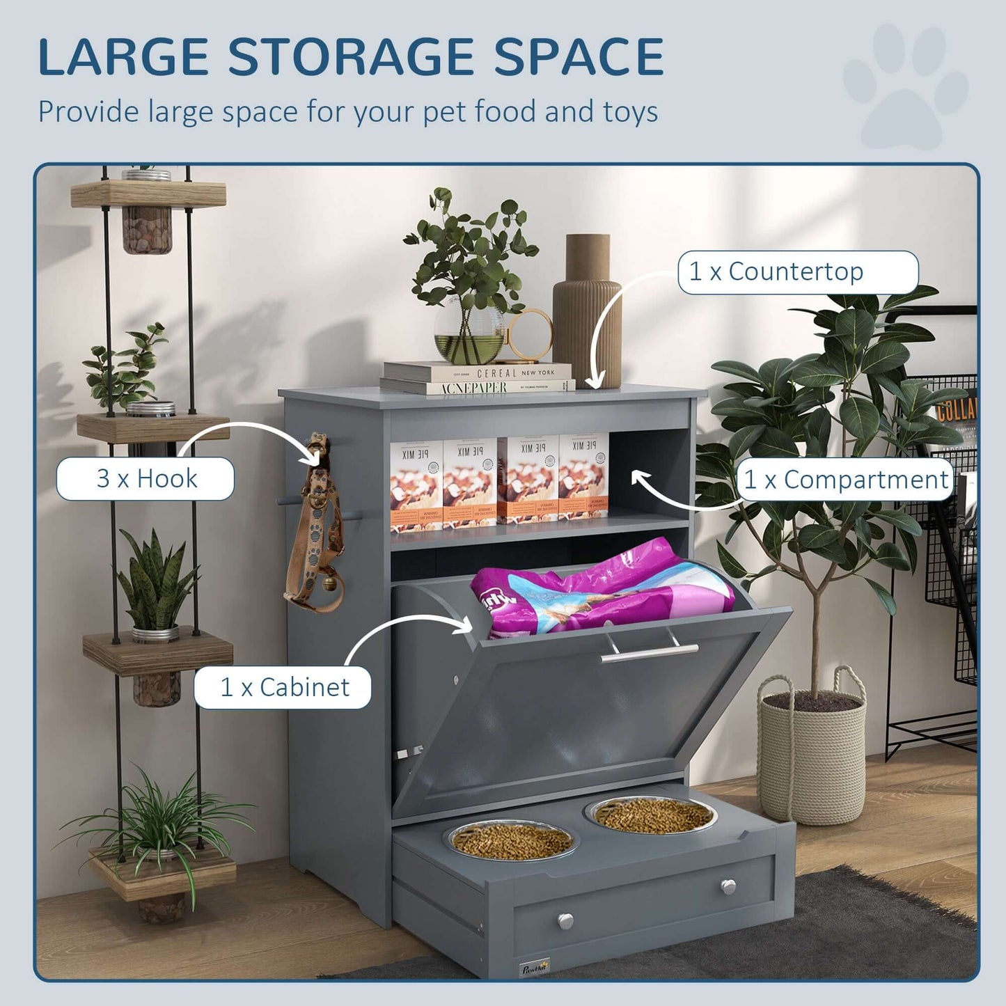 PawHut Pet Feeder Station, Storage Cabinet Dog Food Storage Container with Raised Dog Bowls and Hanger for Feeding & Watering Supplies, Gray - supdog