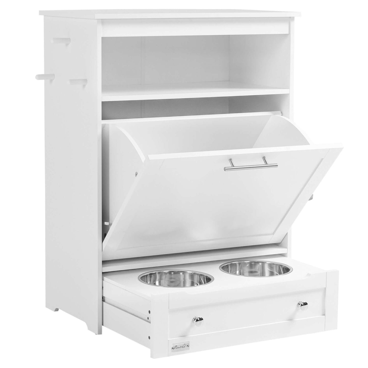 Feeder Station, Food Storage Container with Raised Dog Bowls, White