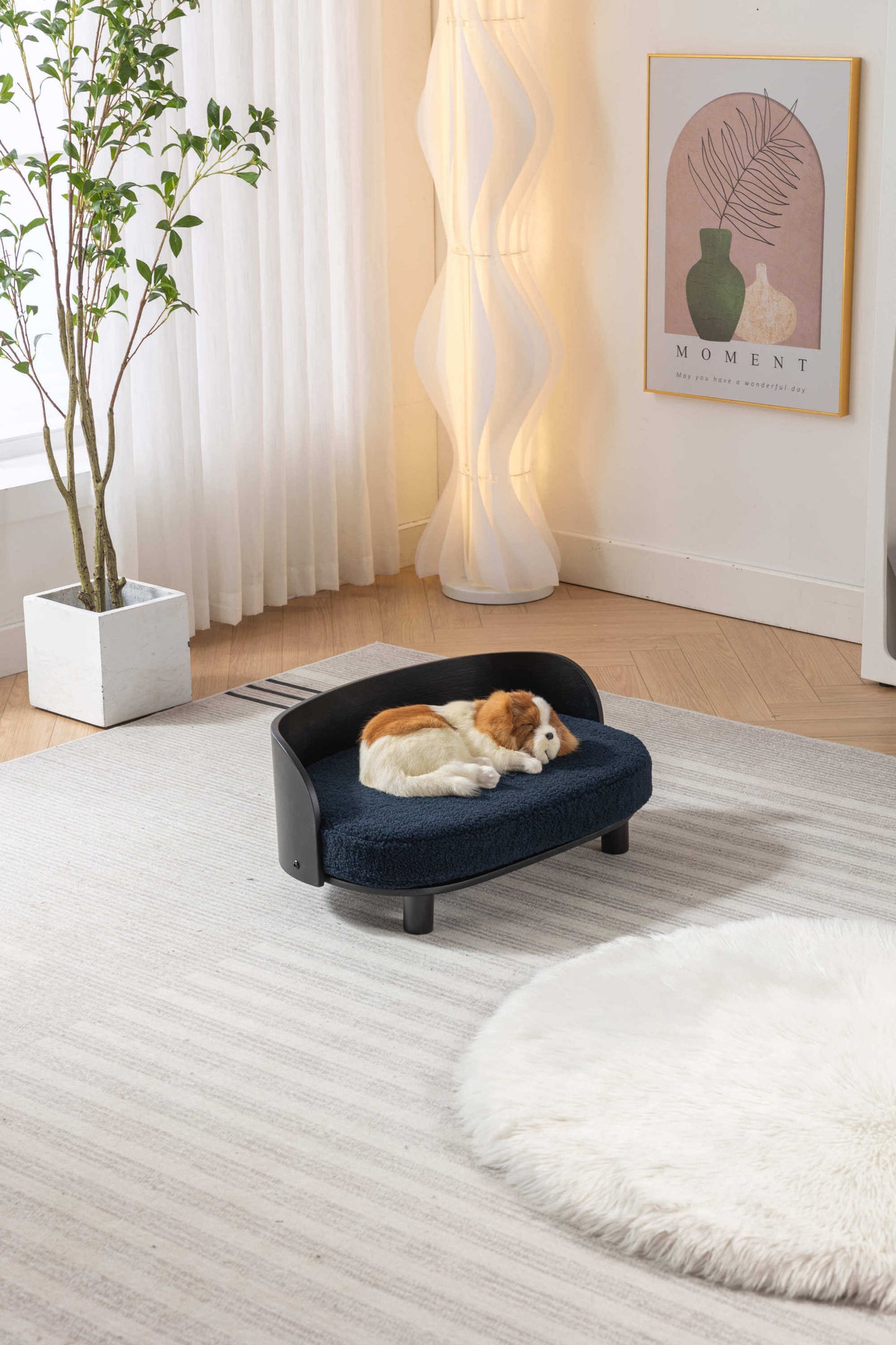 Scandinavian Style Elevated Dog Bed Sofa, Velvet Cushion, Black Wood, Dark Blue GIGA