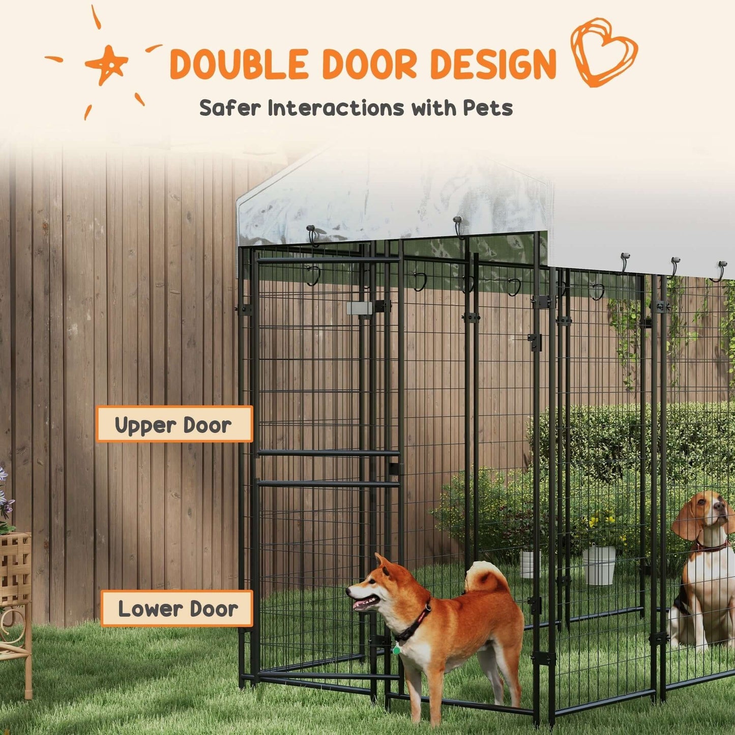 Double door design dog kennel with upper and lower doors for safer pet interactions outdoors.