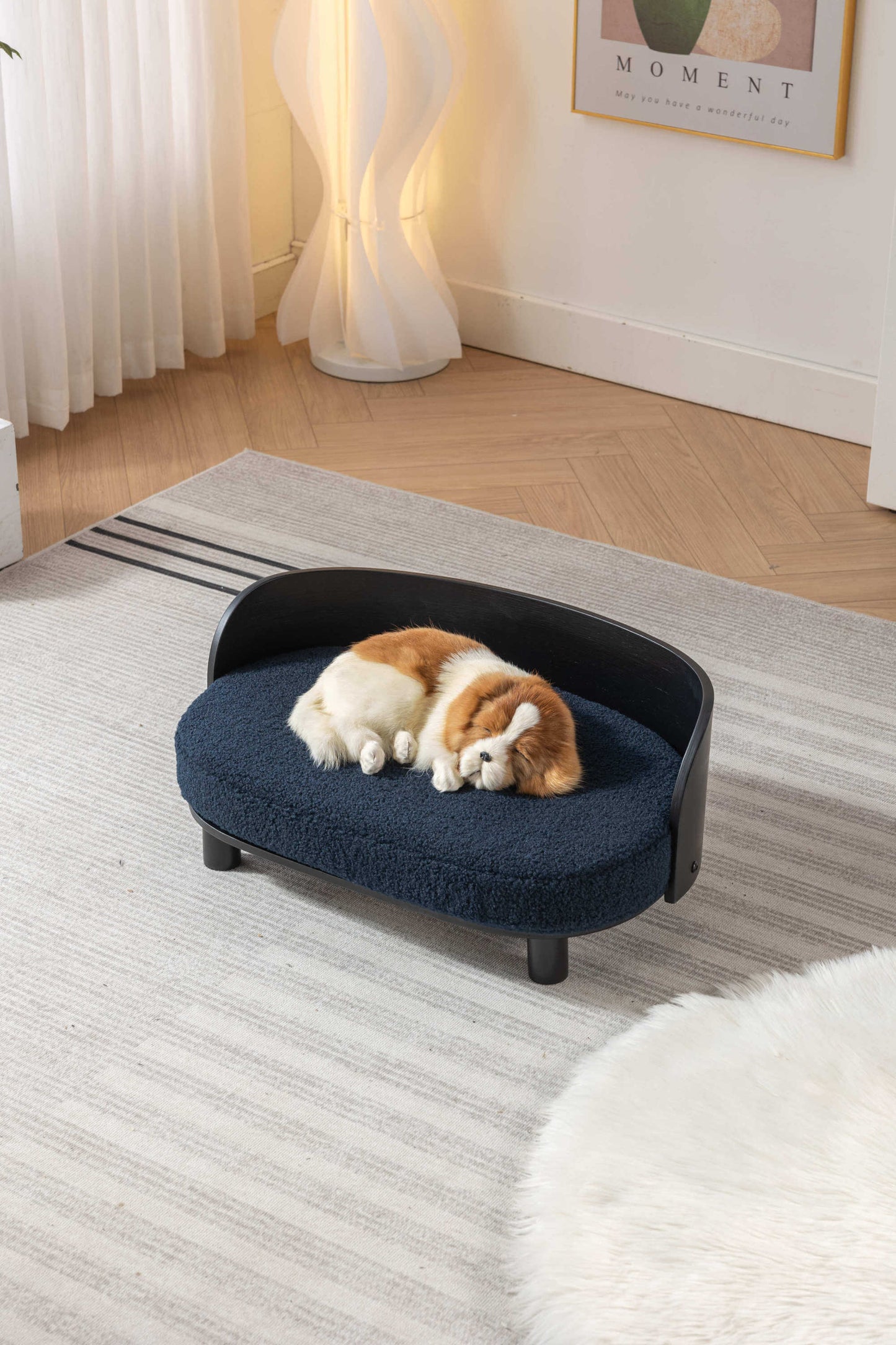 Scandinavian Style Elevated Dog Bed Sofa, Velvet Cushion, Black Wood, Dark Blue GIGA