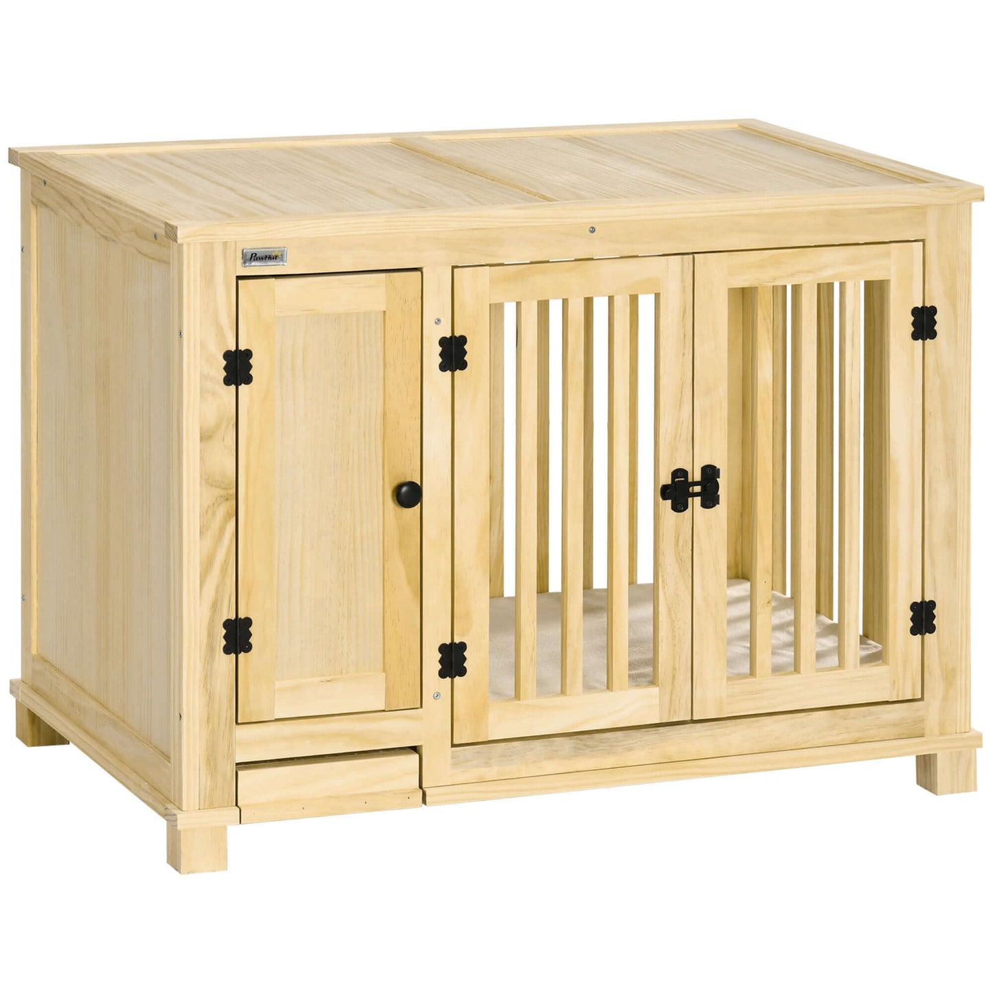 37" Dog Crate Furniture, Hidden Food Bowl in Drawer, Cushion, Double Doors, Natural