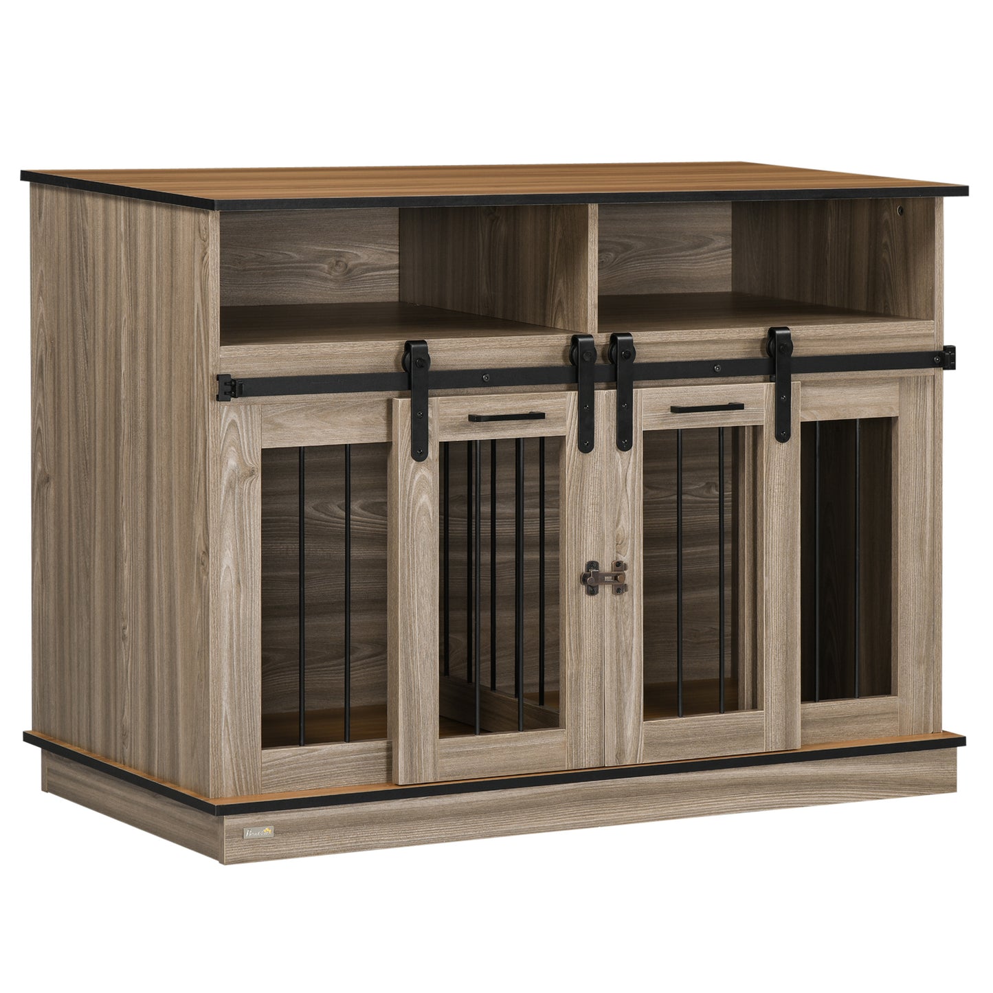47" Dog Crate Furniture, Double with Shelves, Sliding Doors, Oak