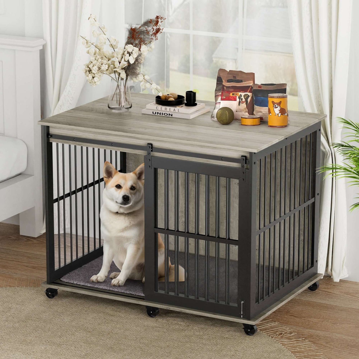 44" Dog Crate Sliding Iron Door with Mat, Flip-Top, Grey GIGA
