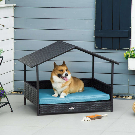Pet Patio Furniture Dog Bed, Wicker-Rattan with Canopy & Removable Cushion, Blue GIGA
