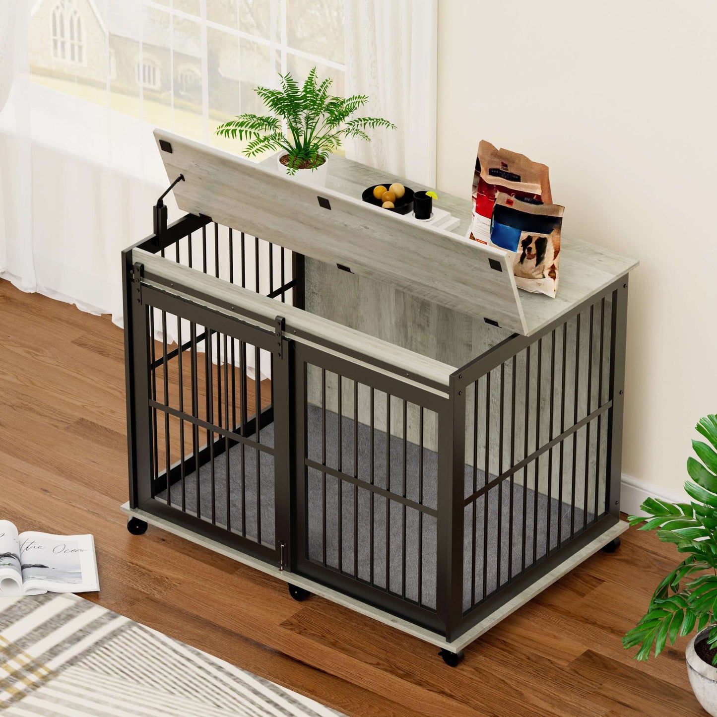 44" Dog Crate Sliding Iron Door with Mat, Flip-Top, Grey GIGA