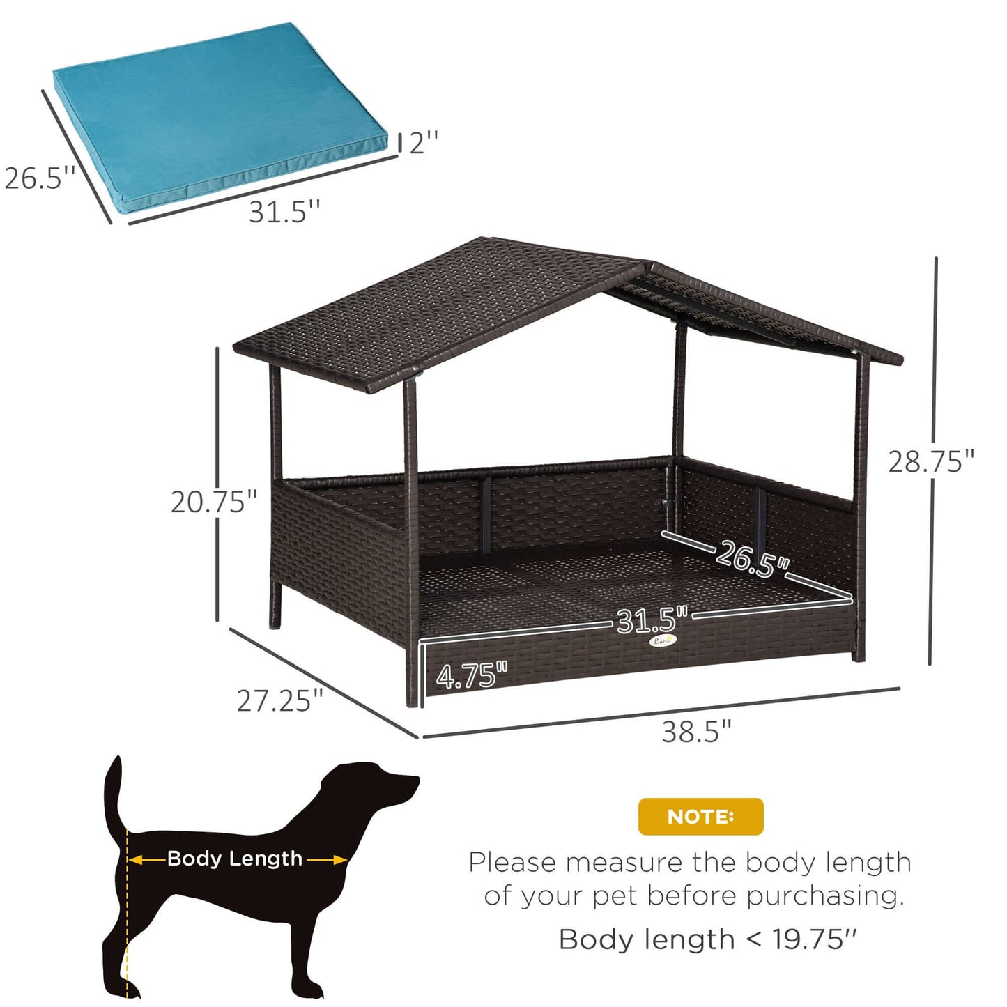 Pet Patio Furniture Dog Bed, Wicker-Rattan with Canopy & Removable Cushion, Blue GIGA