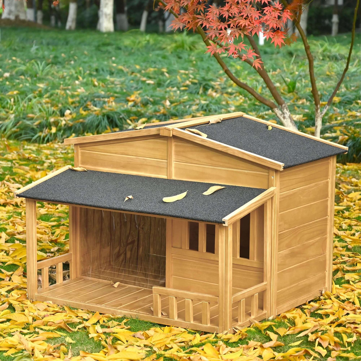 47.2" Wooden Dog House With Porch, Solid Wood, Weatherproof - supdog