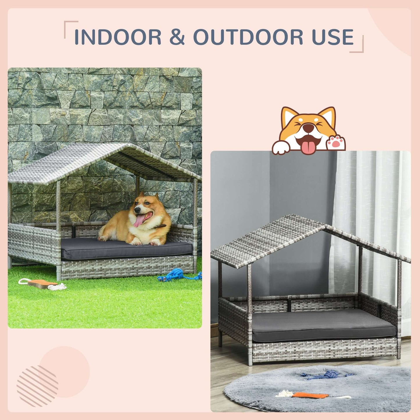 Pet Patio Furniture Dog Bed, Wicker-Rattan with Canopy & Removable Cushion, Cream GIGA