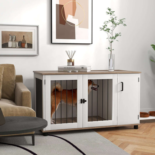 Dog Crate End Table with Storage, Double Doors for Medium and Large Dogs, Walnut - supdog