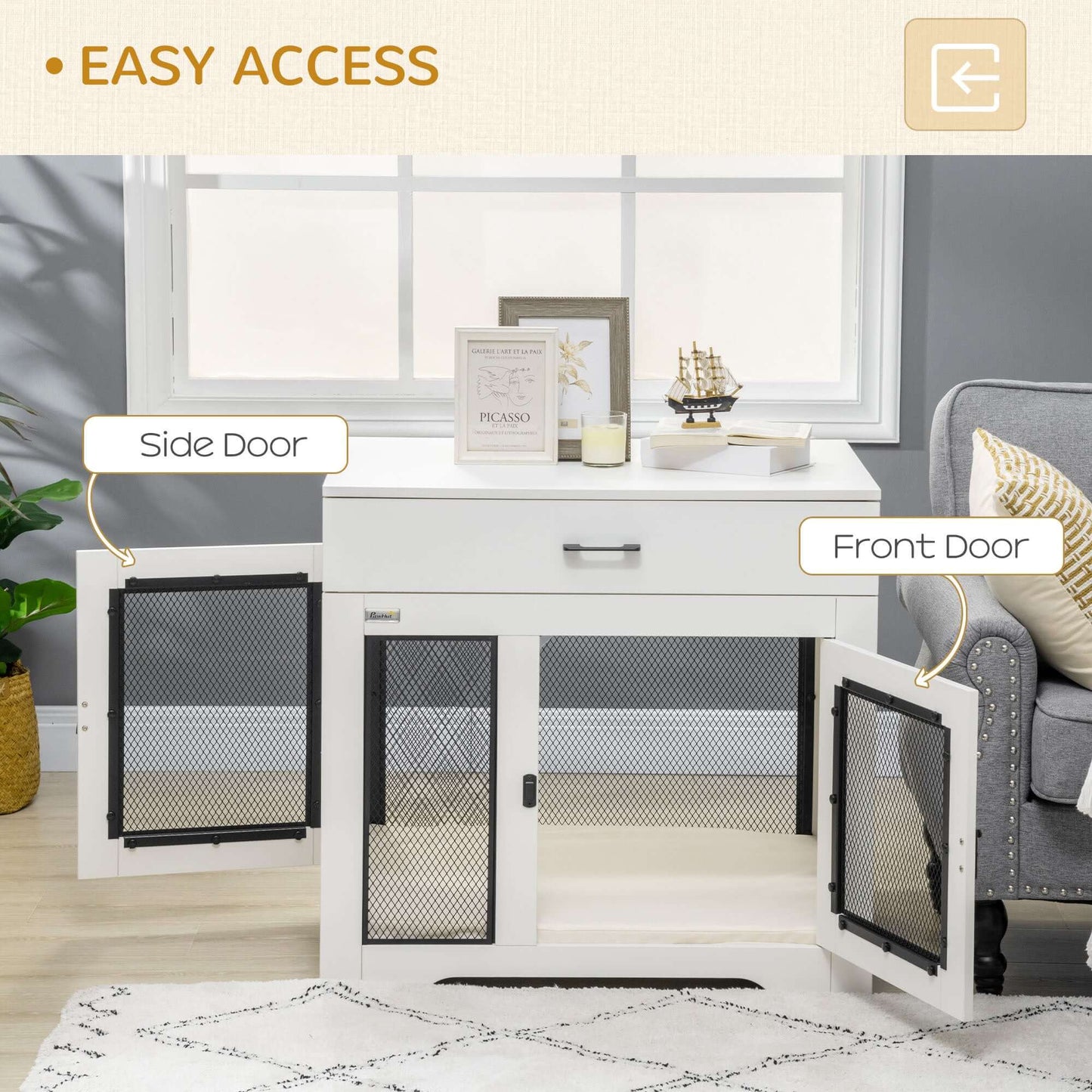 30" Dog Crate with Soft Water-Resistant Cushion, Drawer, 2 Doors, for Small Dogs, White - supdog
