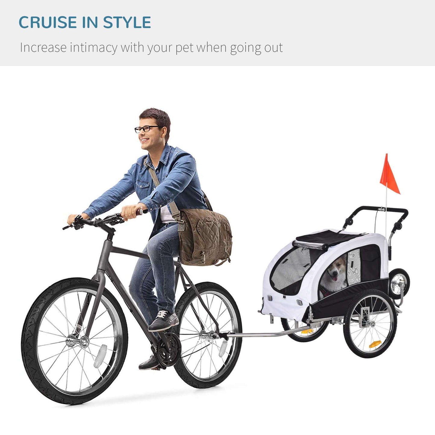 Aosom Dog Bike Trailer 2-In-1 Pet Stroller with Canopy and Storage Pockets, White - supdog