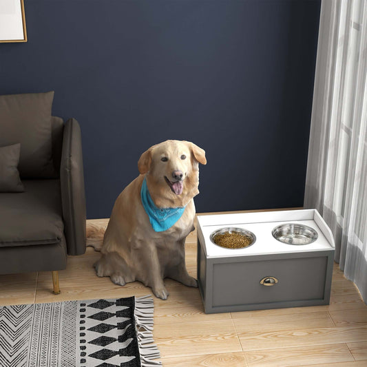 Premium Gray Elevated Dog Bowls with Storage | Raised Dog Bowl Stand GIGA