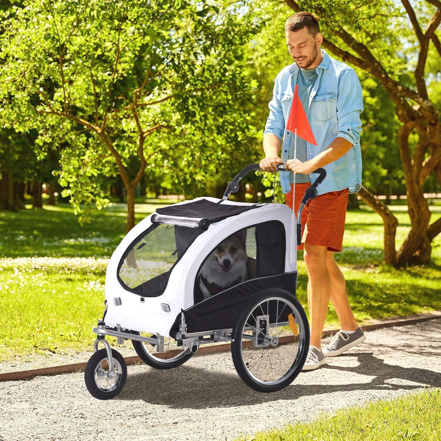 Aosom Dog Bike Trailer 2-In-1 Pet Stroller with Canopy and Storage Pockets, White - supdog
