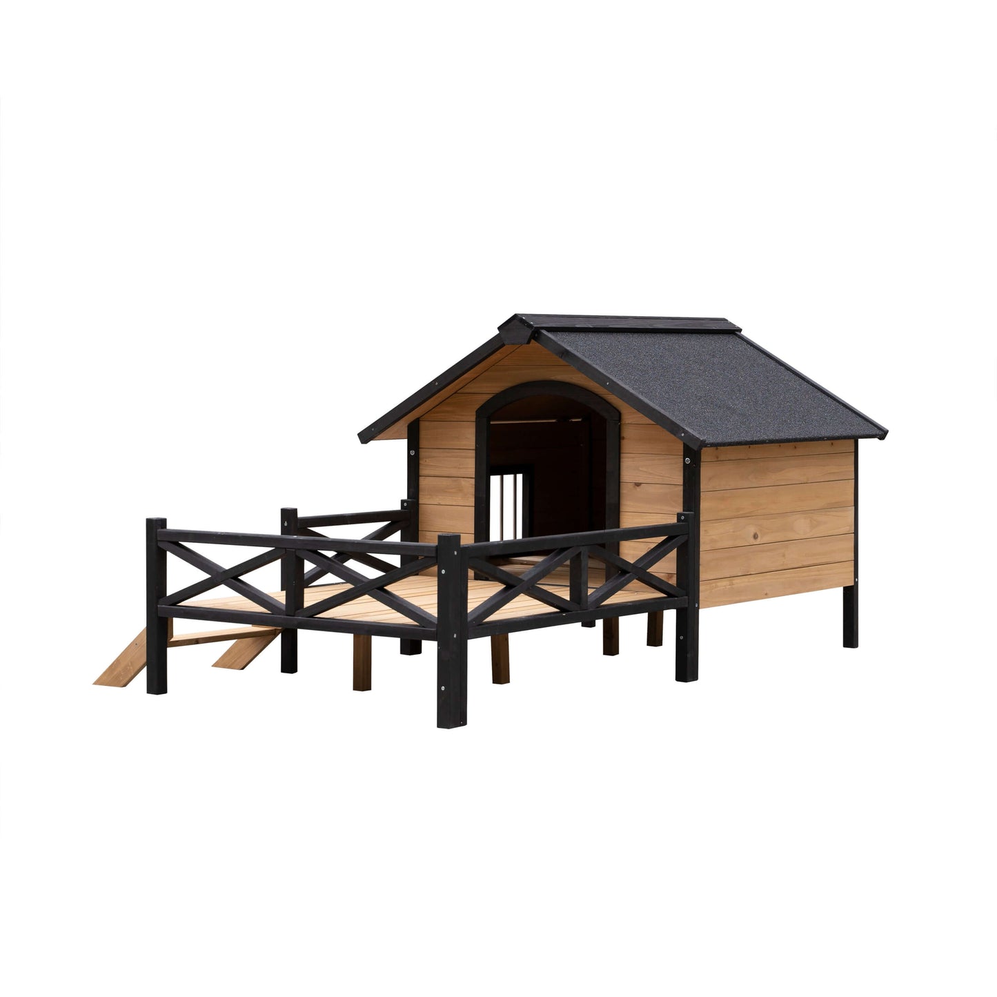 66" Large Wooden Dog House, Raised Cabin with Porch GIGA
