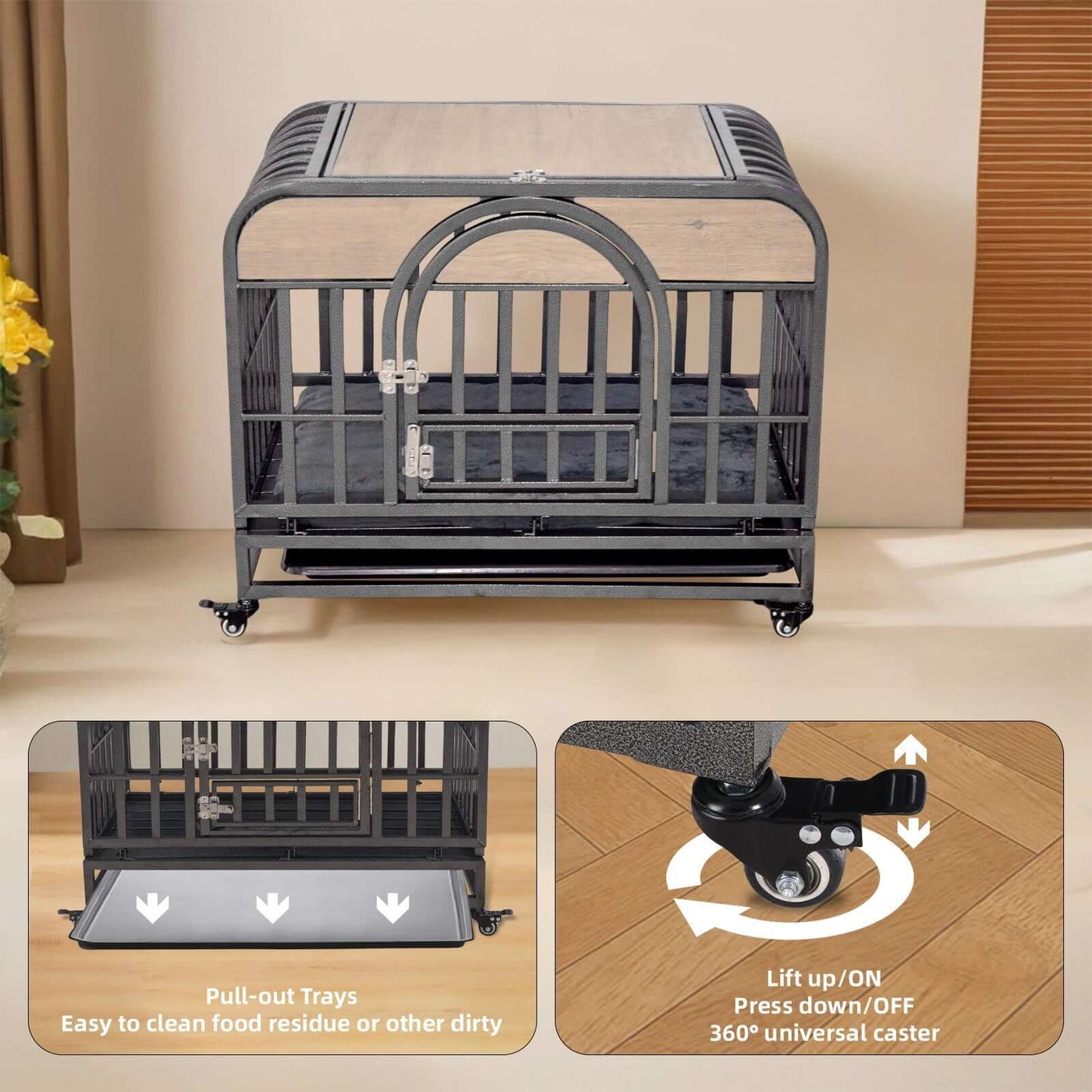46" Heavy Duty Dog Crate, Removable Trays and Wheels for High Anxiety Dogs, Grey GIGA