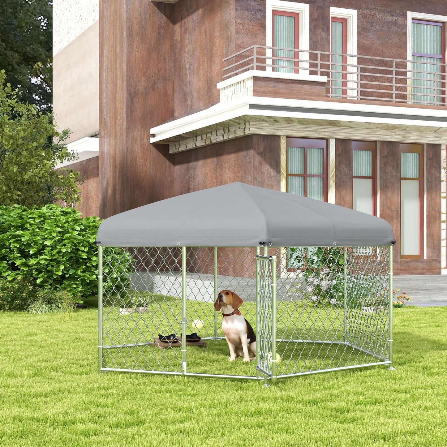 6.9' x 6.1' x 4.9' Dog Kennel with Waterproof, UV Resistant Roof, Lockable Door, for Medium and Large-Sized Dogs, Silver - supdog