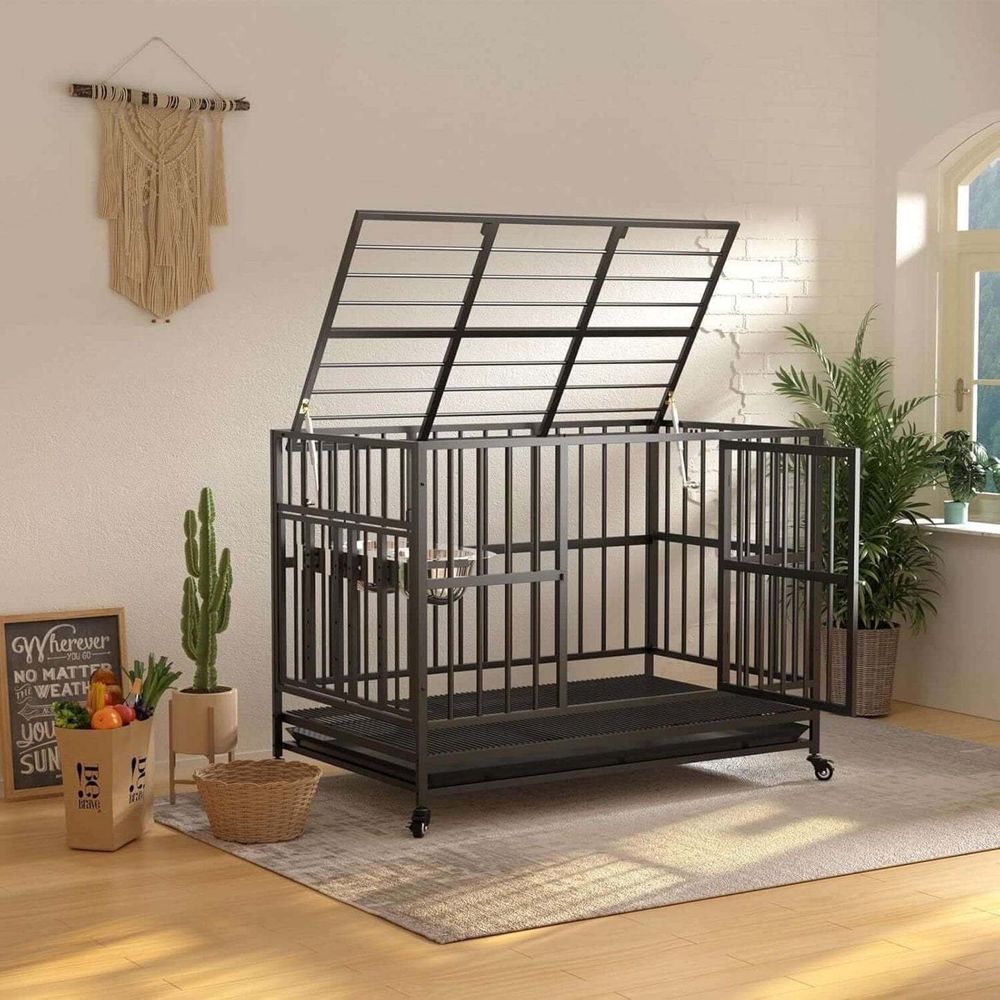 43" Heavy Duty Dog Crate with Unique Air Lift Rod/Wheels/ 360° & Adjustable 2 Bowls