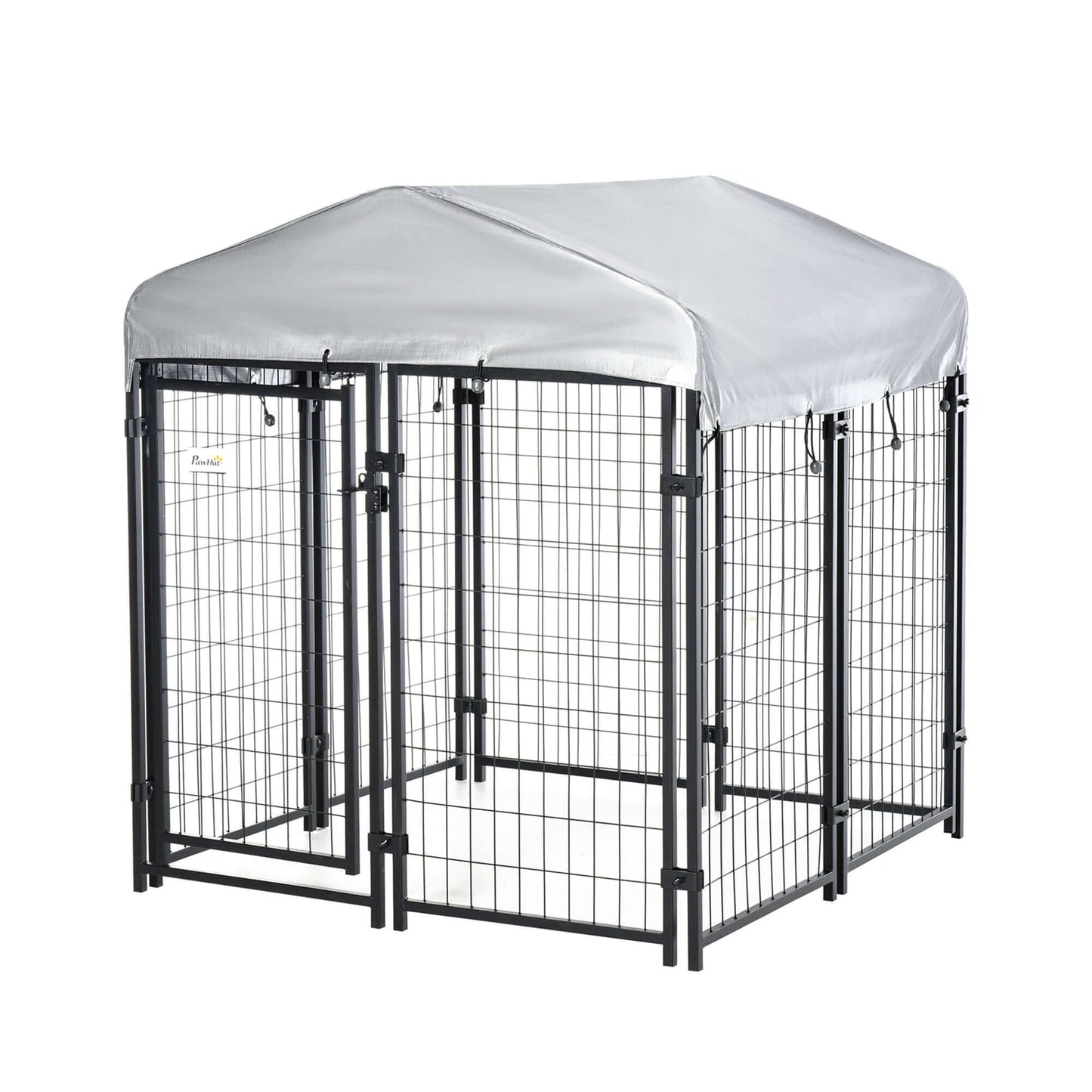 4x4 dog playpen with lockable door and water-resistant canopy, perfect for outdoor protection.