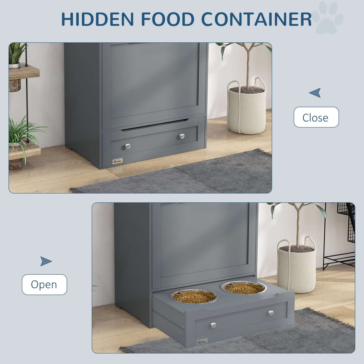 PawHut Pet Feeder Station, Storage Cabinet Dog Food Storage Container with Raised Dog Bowls and Hanger for Feeding & Watering Supplies, Gray - supdog
