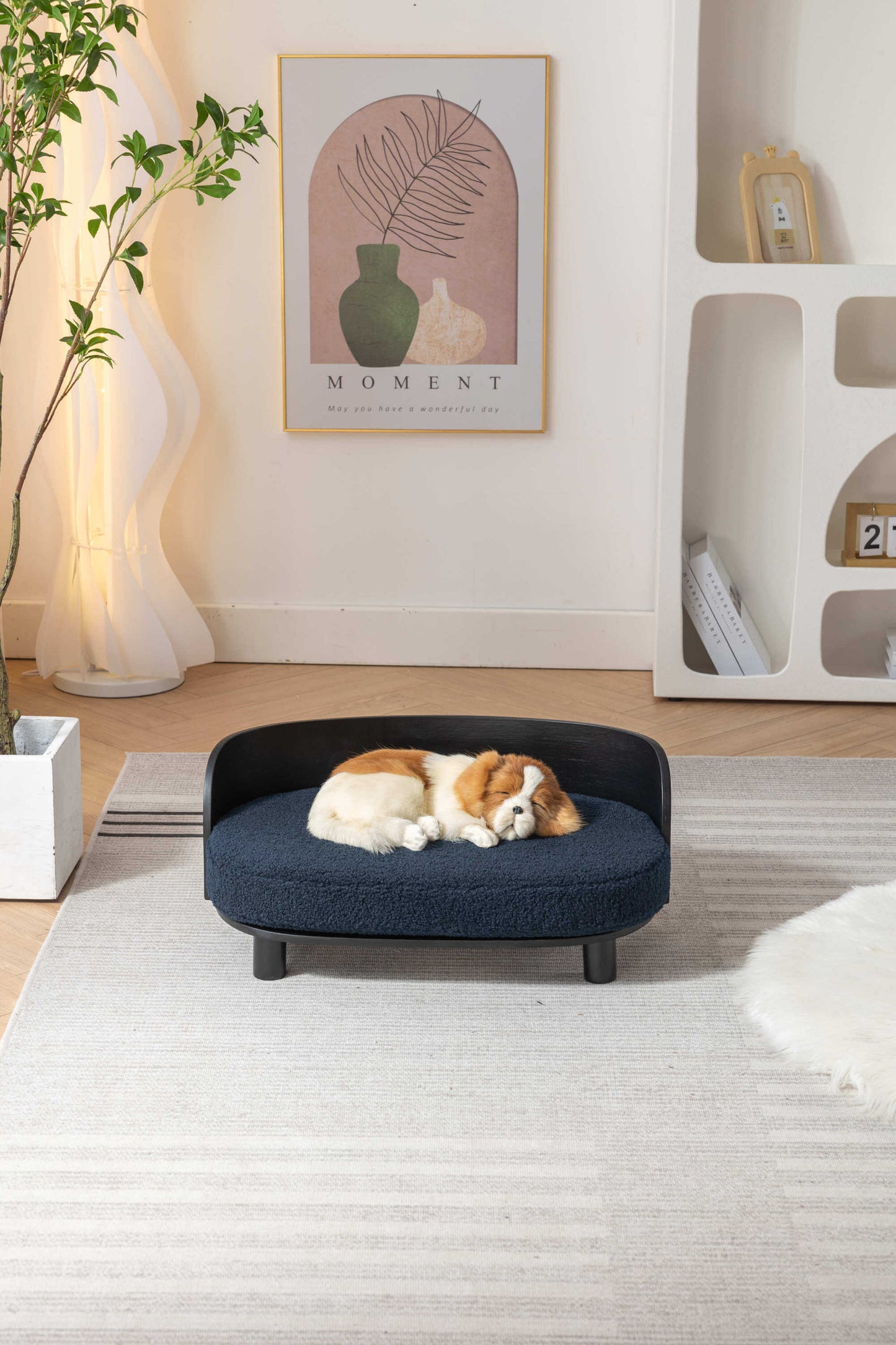 Scandinavian Style Elevated Dog Bed Sofa, Velvet Cushion, Black Wood, Dark Blue GIGA