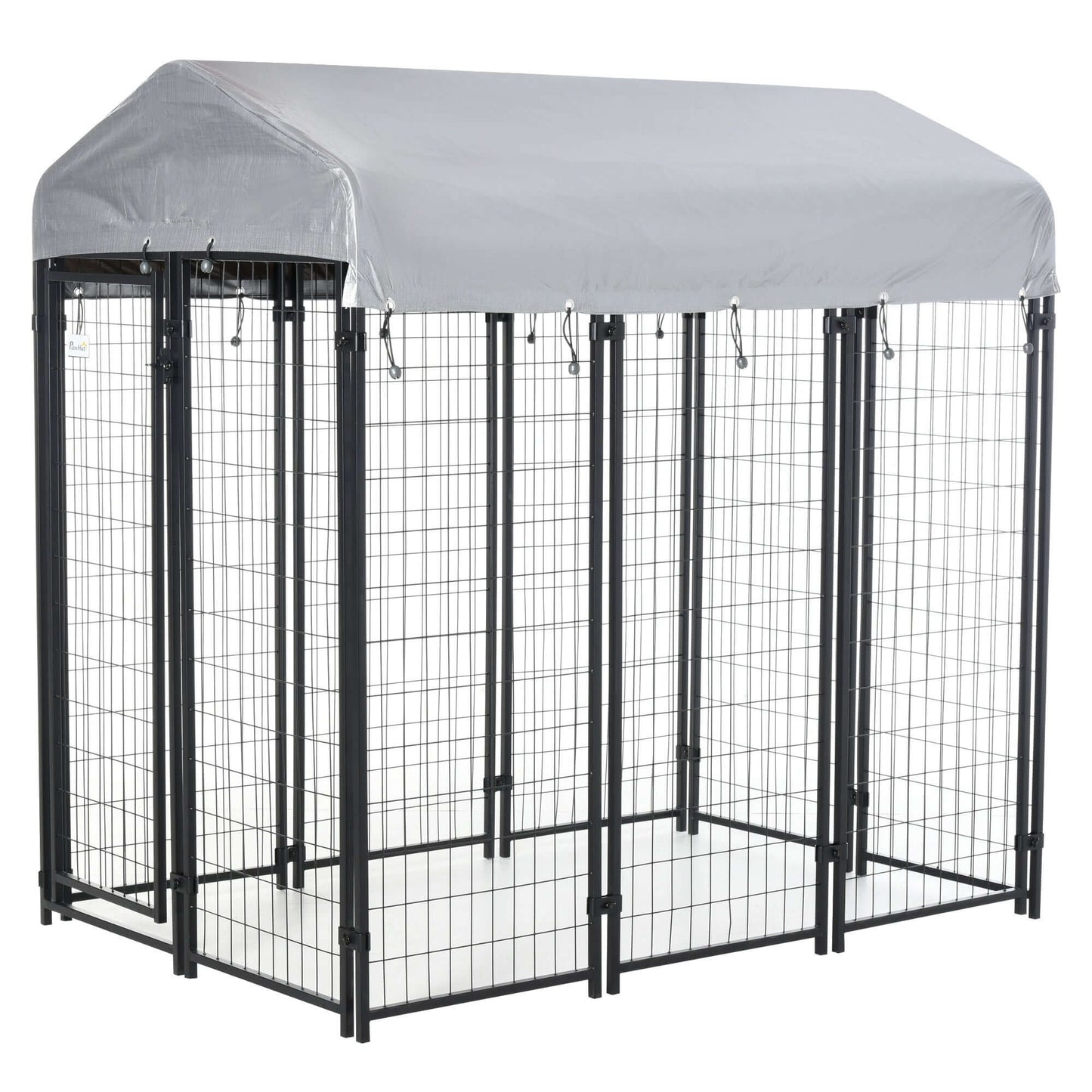 6' x 4' x 6' black steel dog playpen with water-resistant canopy and lockable door for outdoor use.
