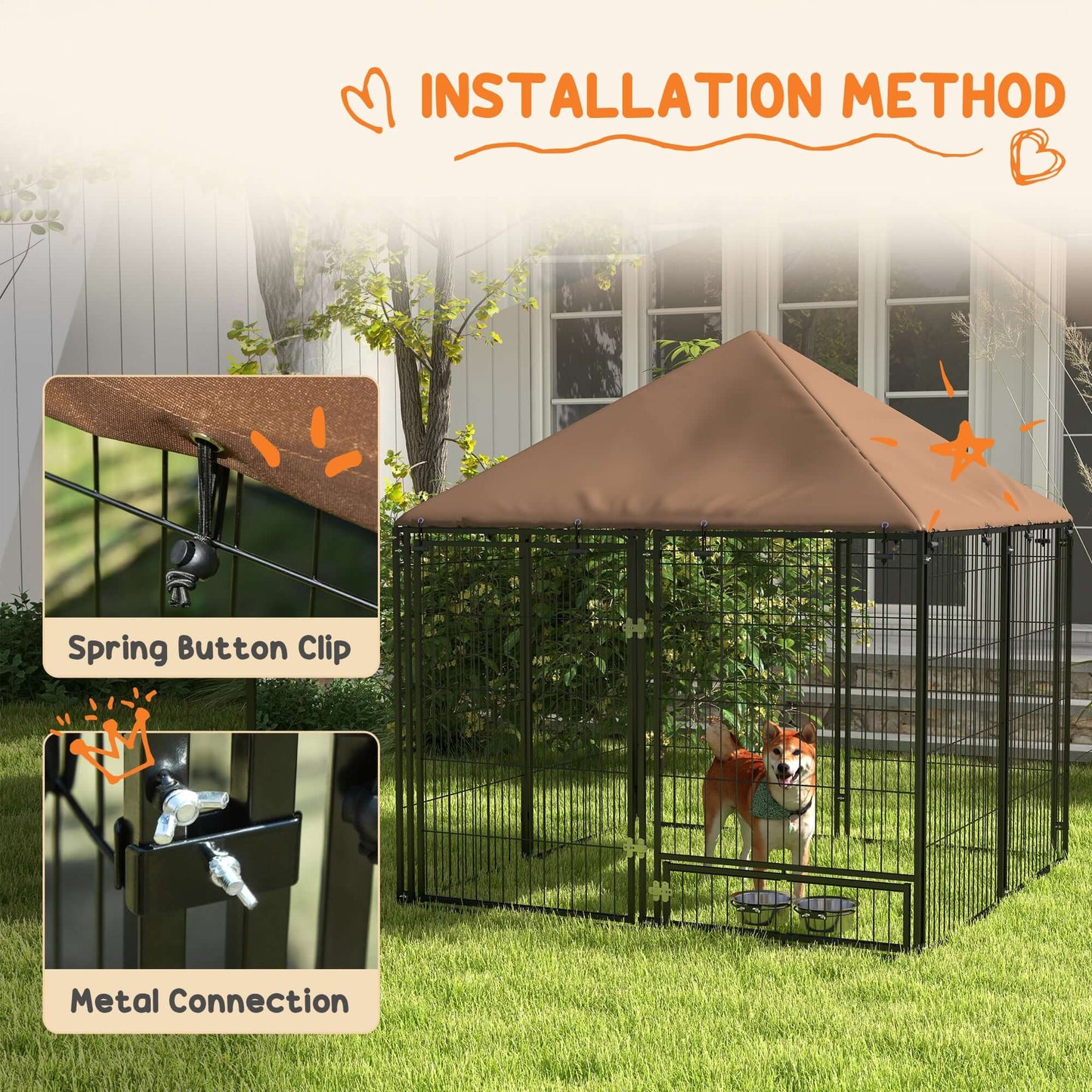 4.6' x 4.6' x 5' Dog Kennel with Canopy, Rotating Bowl, Black - supdog