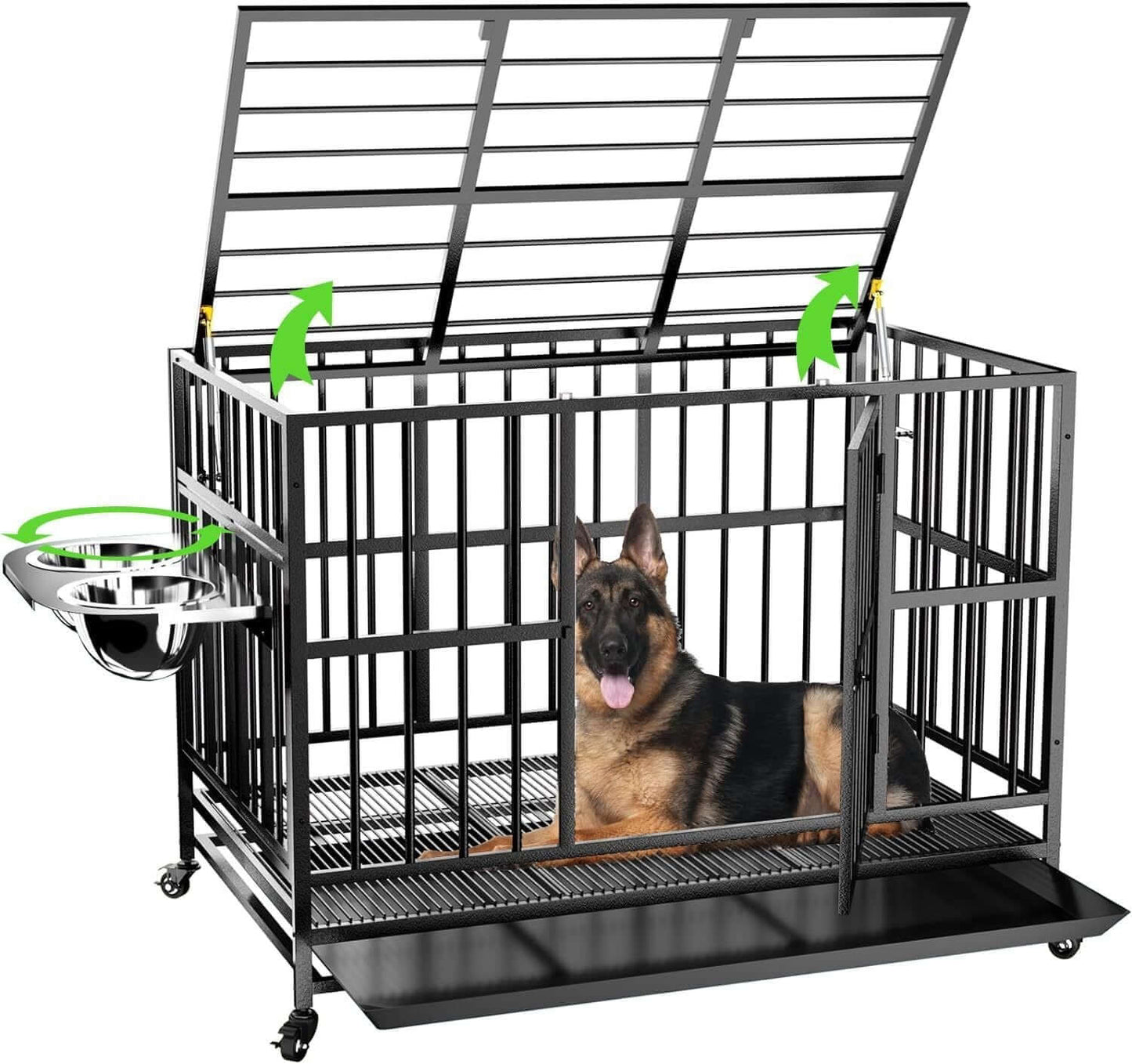 48" Heavy Duty Dog Crate with Wheels/Unique Air Lift Rod / 360° & Adjustable 2 Bowls/Removable