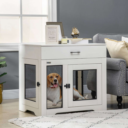 30" Dog Crate with Soft Water-Resistant Cushion, Drawer, 2 Doors, for Small Dogs, White - supdog