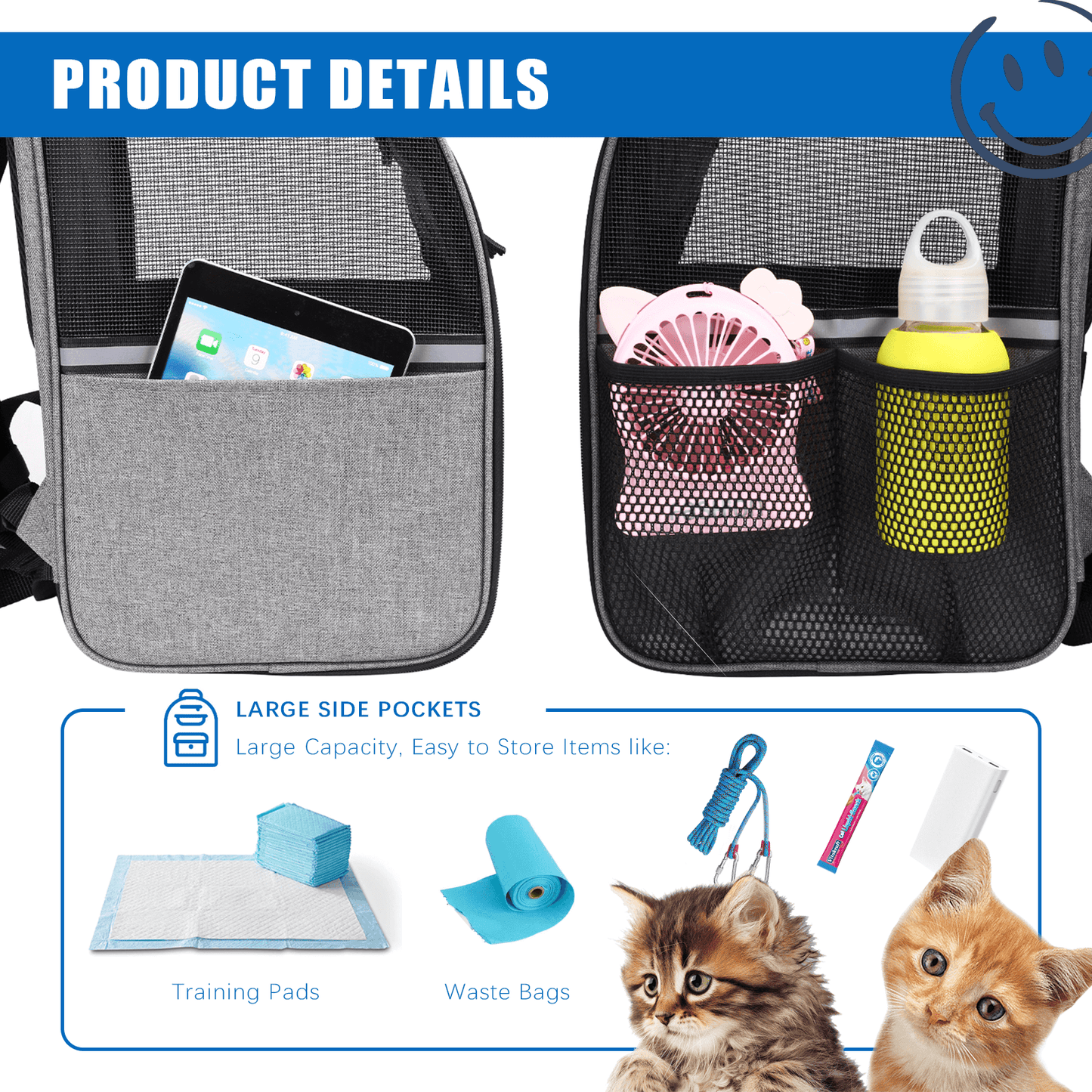 Pet Carrier Backpack, Safety Features and Cushion Back Support, Black - supdog