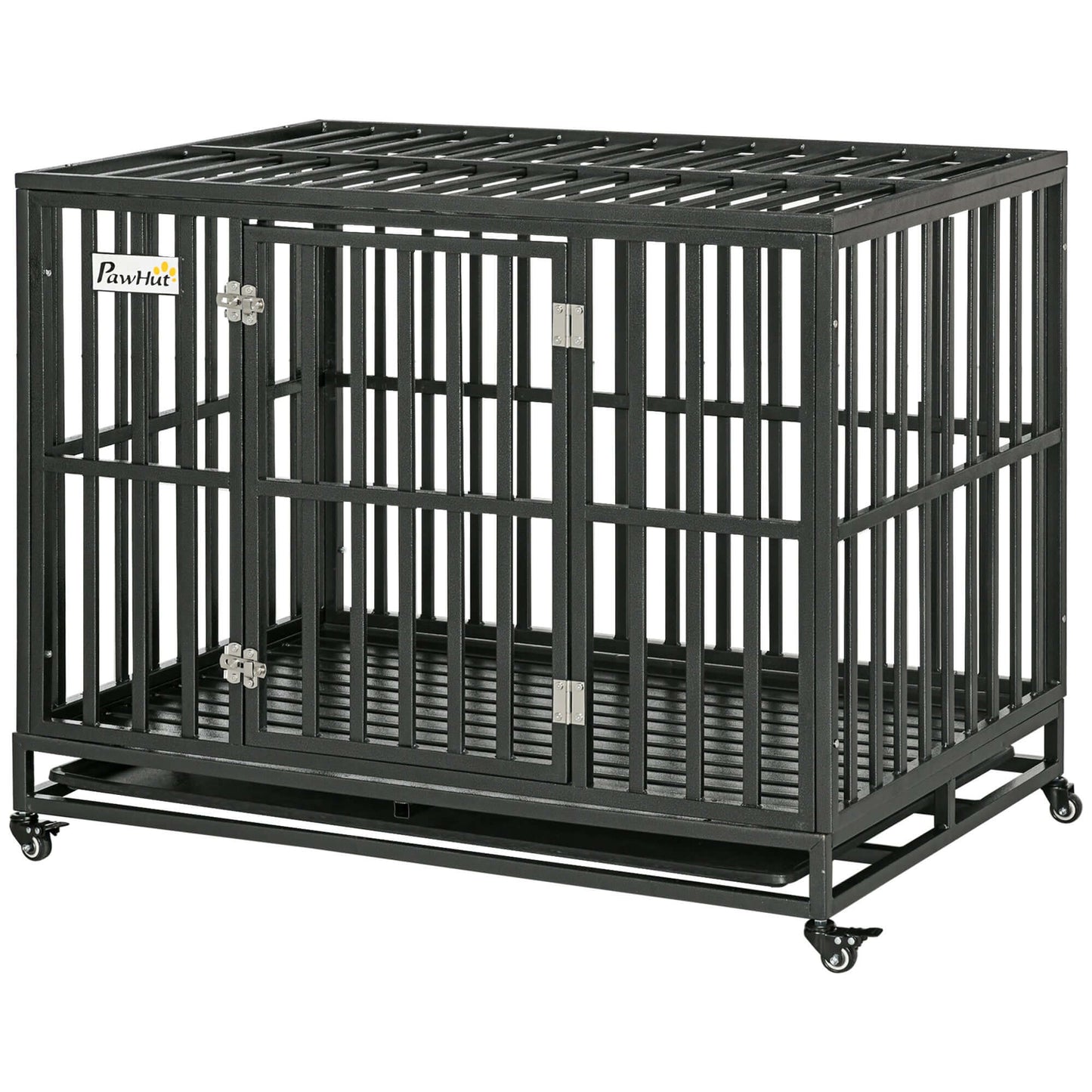 44" Heavy Duty Dog Crate with Lockable Wheels, Slide-out Tray and Anti-Pinching Floor