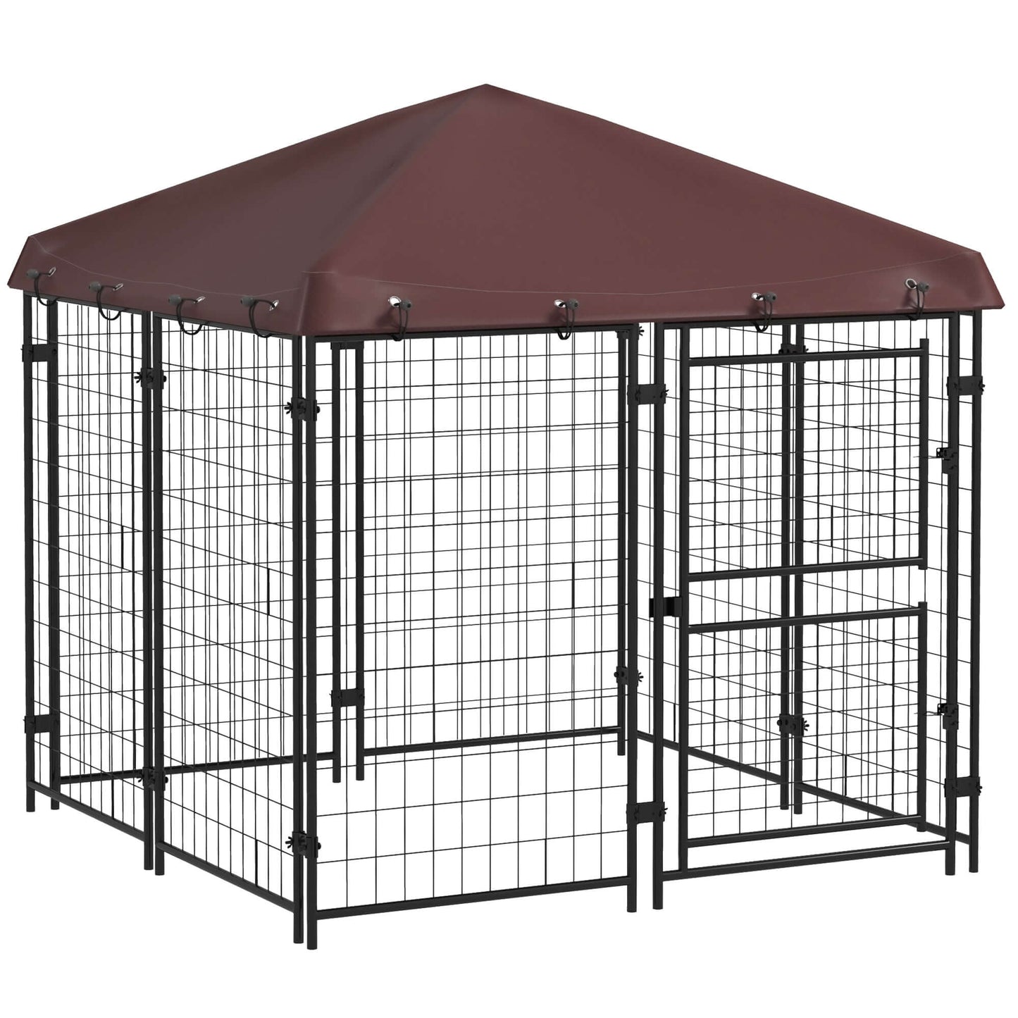 4.6' x 5' Dog Kennel with Waterproof Cover, Two Part Door Design, Brown