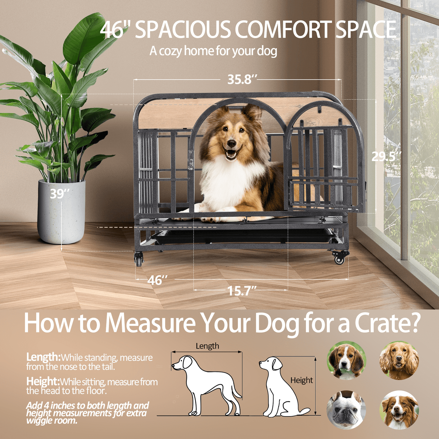 46" Heavy Duty Dog Crate, Removable Trays and Wheels for High Anxiety Dogs, Grey GIGA