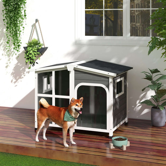 42" Cabin-Style Dog House for Large Dogs with Openable Asphalt Roof & Giant Window, Gray - supdog