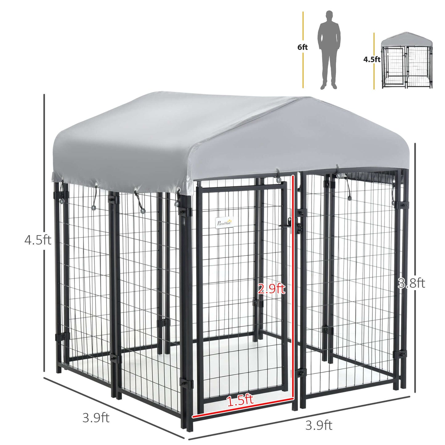 4'x4'x4.5' dog playpen with lockable door and water-resistant canopy, featuring dimensions and protective roof.