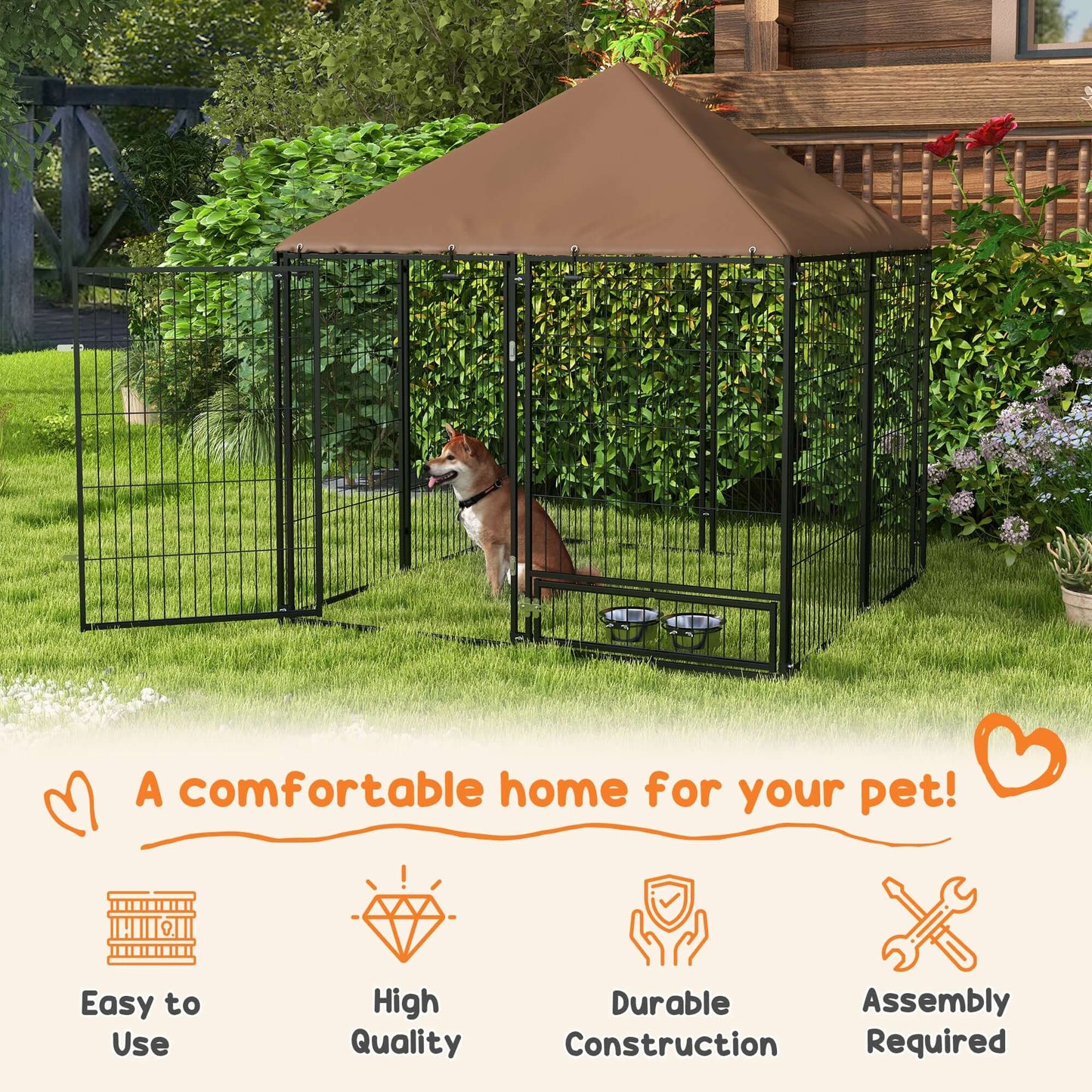 4.6' x 4.6' x 5' Dog Kennel with Canopy, Rotating Bowl, Black - supdog