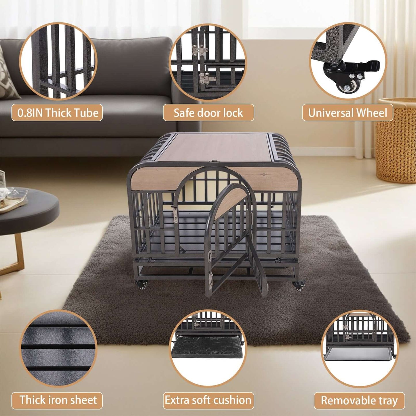 46" Heavy Duty Dog Crate, Removable Trays and Wheels for High Anxiety Dogs, Grey GIGA