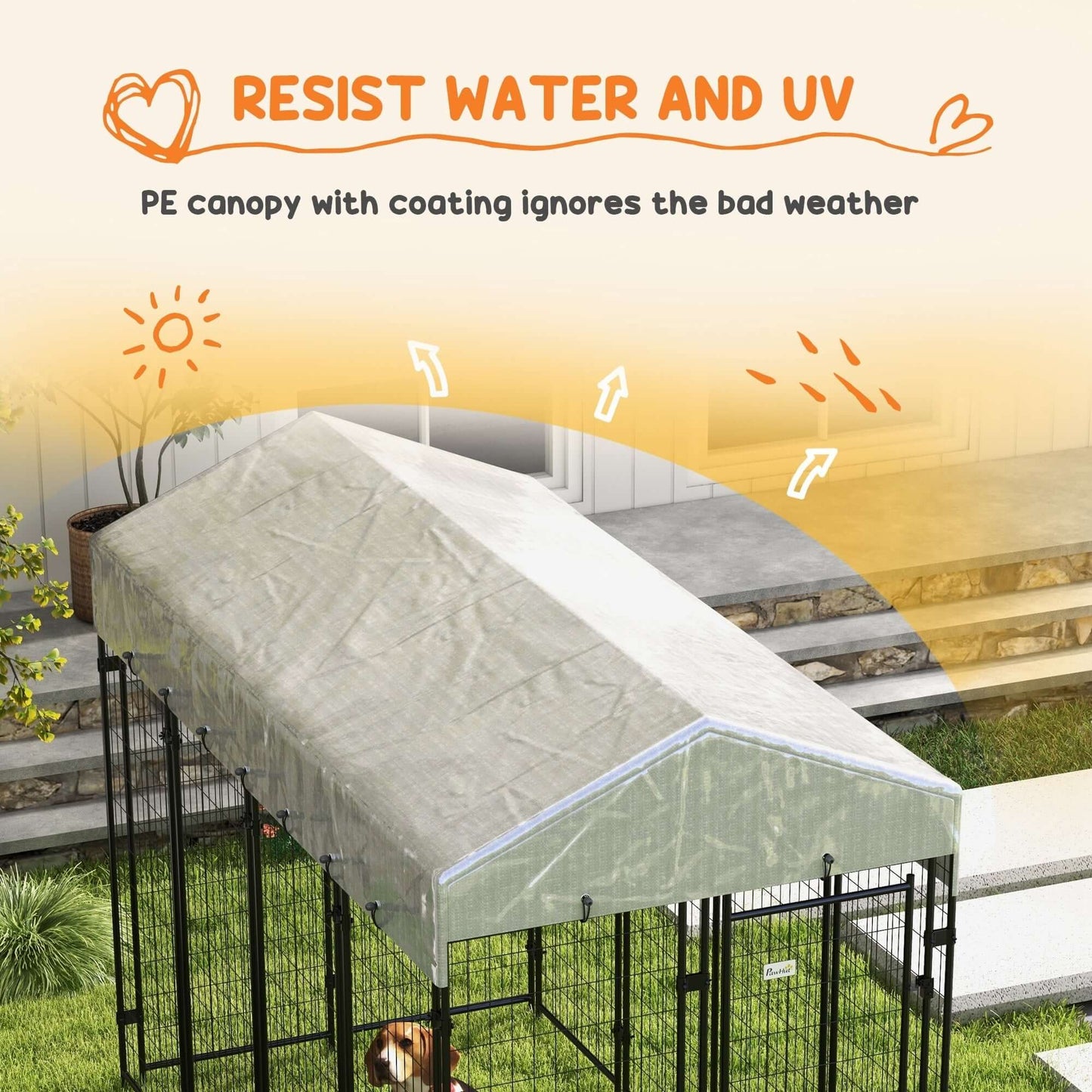 Image of a dog kennel with a waterproof PE canopy, designed to resist water and UV rays for outdoor use.