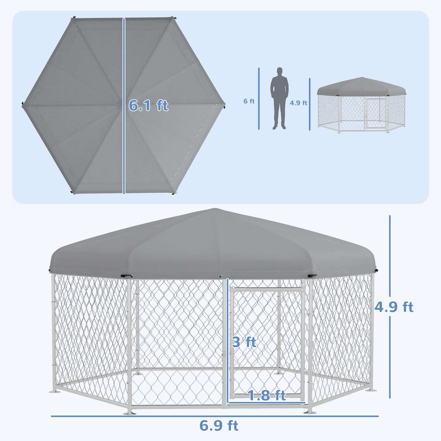 6.9' x 6.1' x 4.9' Dog Kennel with Waterproof, UV Resistant Roof, Lockable Door, for Medium and Large-Sized Dogs, Silver - supdog